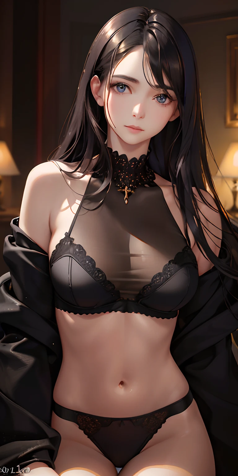 (photorealistic:1.4), (masterpiece, sidelighting, finely detailed beautiful eyes: 1.2), masterpiece*portrait, realistic, 3d face, glowing eyes, shiny hair, lustrous skin, solo, embarassed, (midriff), black underwear, black hair,