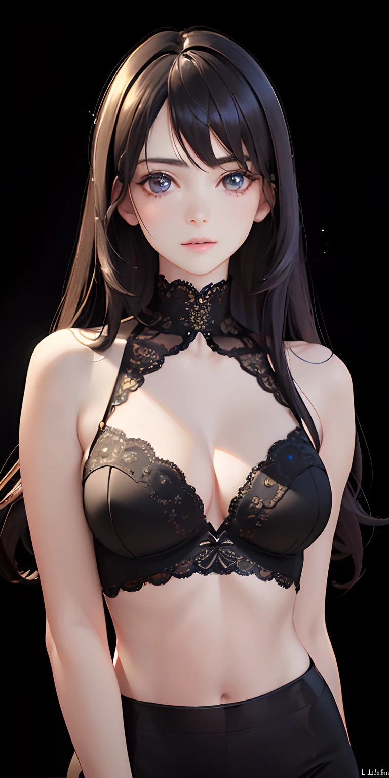 (photorealistic:1.4), (masterpiece, sidelighting, finely detailed beautiful eyes: 1.2), masterpiece*portrait, realistic, 3d face, glowing eyes, shiny hair, lustrous skin, solo, embarassed, (midriff), black underwear, black hair,