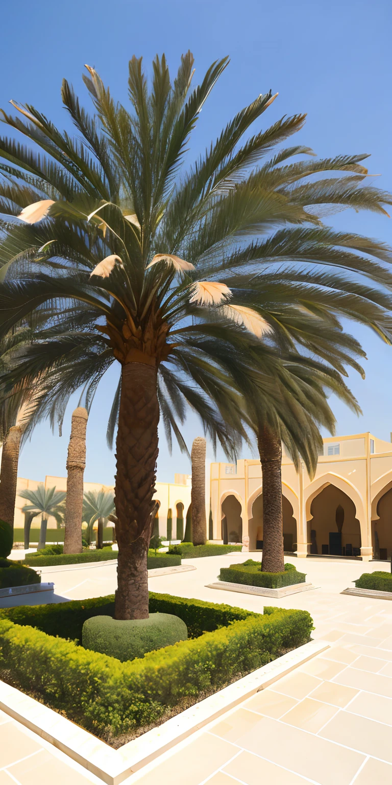 A date palm tree is located in the garden of Dubai city, which is relatively magnificent overall