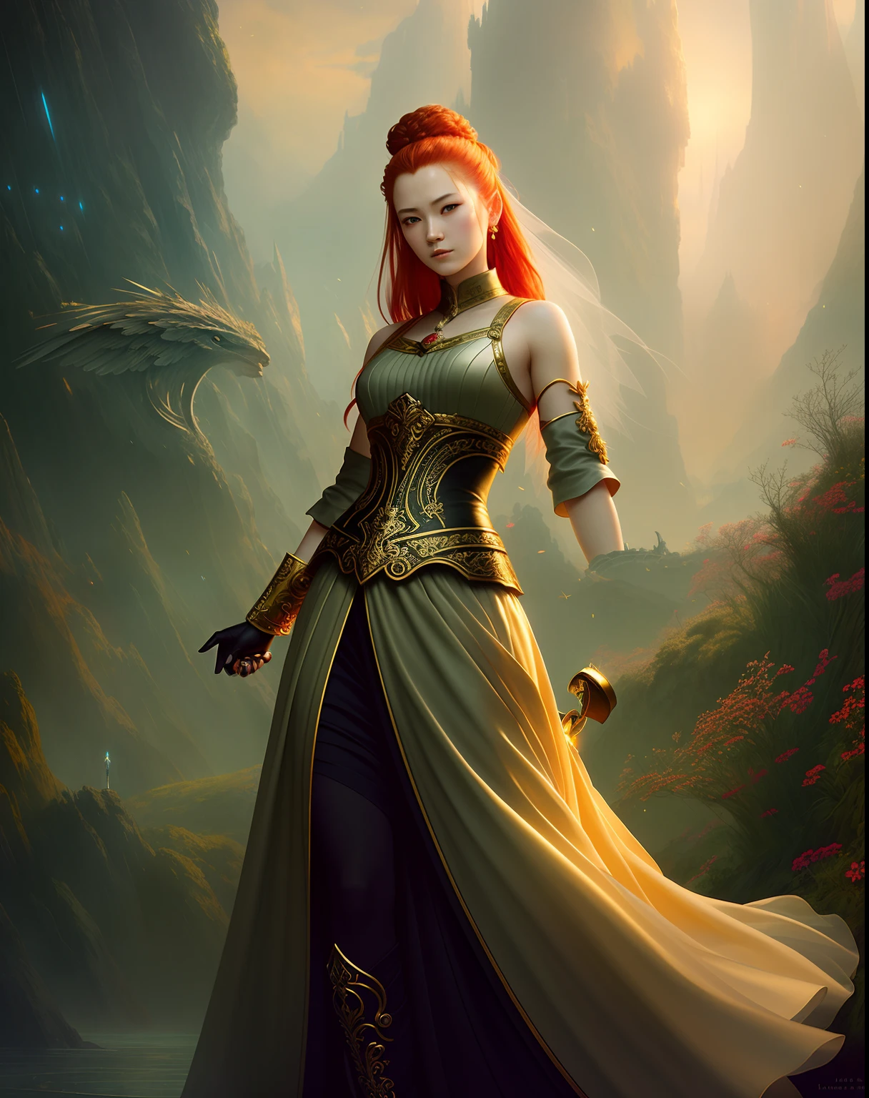 blac,Long skirt,kwing,angels,golden, highly detailed,Wedding dress,Red hair,skirt,sword,trending on artstation, unreal engine 4 k, cinematic wallpaper by stanley artgerm lau, wlop, rossdraws, james jean, andrei riabovitchev, marc simonetti, yoshitaka amano. background by james jean and gustav klimt, light by julie bell, 4 k, porcelain skin, style of zdislaw beksinski, detailed, 8k, dynamic lighting, white chromatic aberration, soaking wet