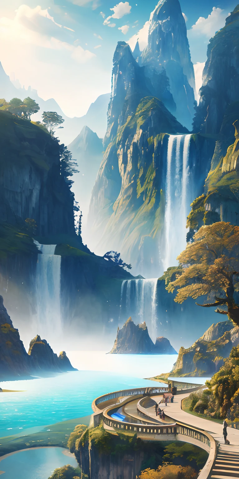 masterpiece, best quality, high quality, extremely detailed CG unity 8k wallpaper, scenery, outdoors, sky, cloud, day, no humans, mountain, landscape, water, tree, blue sky, waterfall, cliff, nature, lake, river, cloudy sky,award winning photography, Bokeh, Depth of Field, HDR, bloom, Chromatic Aberration ,Photorealistic,extremely detailed, trending on artstation, trending on CGsociety, Intricate, High Detail, dramatic, art by midjourney