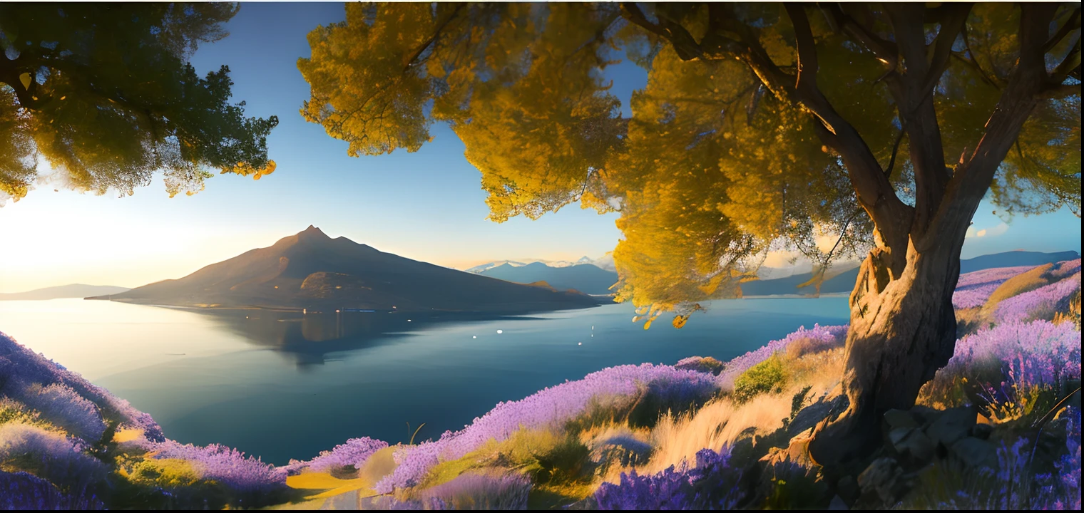 an image of mountain Aipos from Chios Island in greece also in the image we see an image of mavra volia from chios too, cinematic, 8K, ultra realistic,Concept design of a scene: a huge lake, with the eastern side covered by the canopy of a giant tree, shrouded in sparse mist. Along the shore are white fluorescent bluebells, with a blue-purple hue --ar 16:9 --v 5 - Image #1 