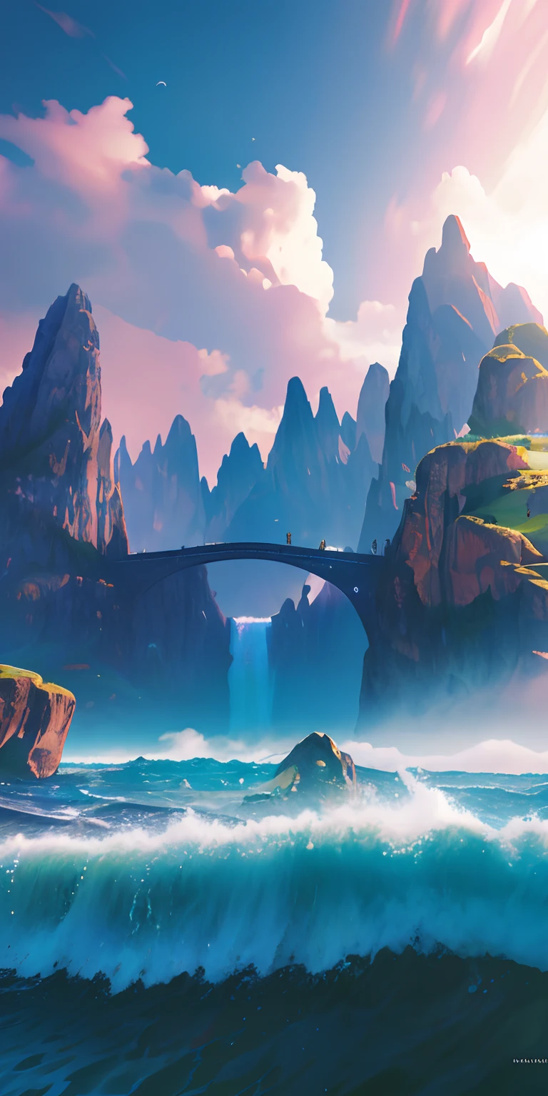 masterpiece, best quality, high quality, extremely detailed CG unity 8k wallpaper, scenery, outdoors, sky, cloud, day, no humans, mountain, landscape, water, tree, blue sky, waterfall, cliff, nature, lake, river, Fish jumping out of the water,cloudy sky,award winning photography, Bokeh, Depth of Field, HDR, bloom, Chromatic Aberration ,Photorealistic,extremely detailed, trending on artstation, trending on CGsociety, Intricate, High Detail, dramatic, art by midjourney