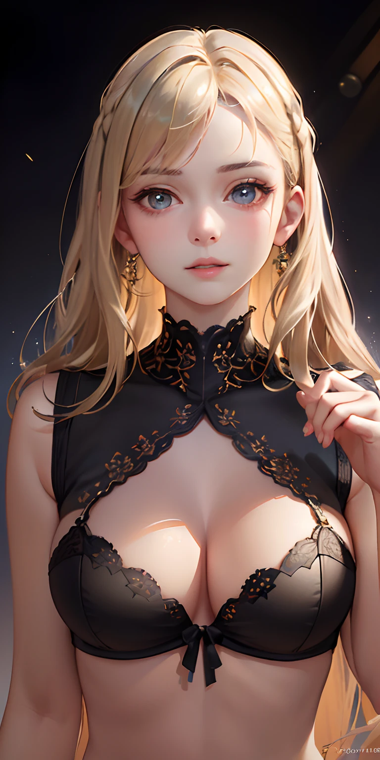 (photorealistic:1.4), (masterpiece, sidelighting, finely detailed beautiful eyes: 1.2), masterpiece*portrait, realistic, 3d face, glowing eyes, shiny hair, lustrous skin, solo, embarassed, (midriff), black underwear, blonde hair