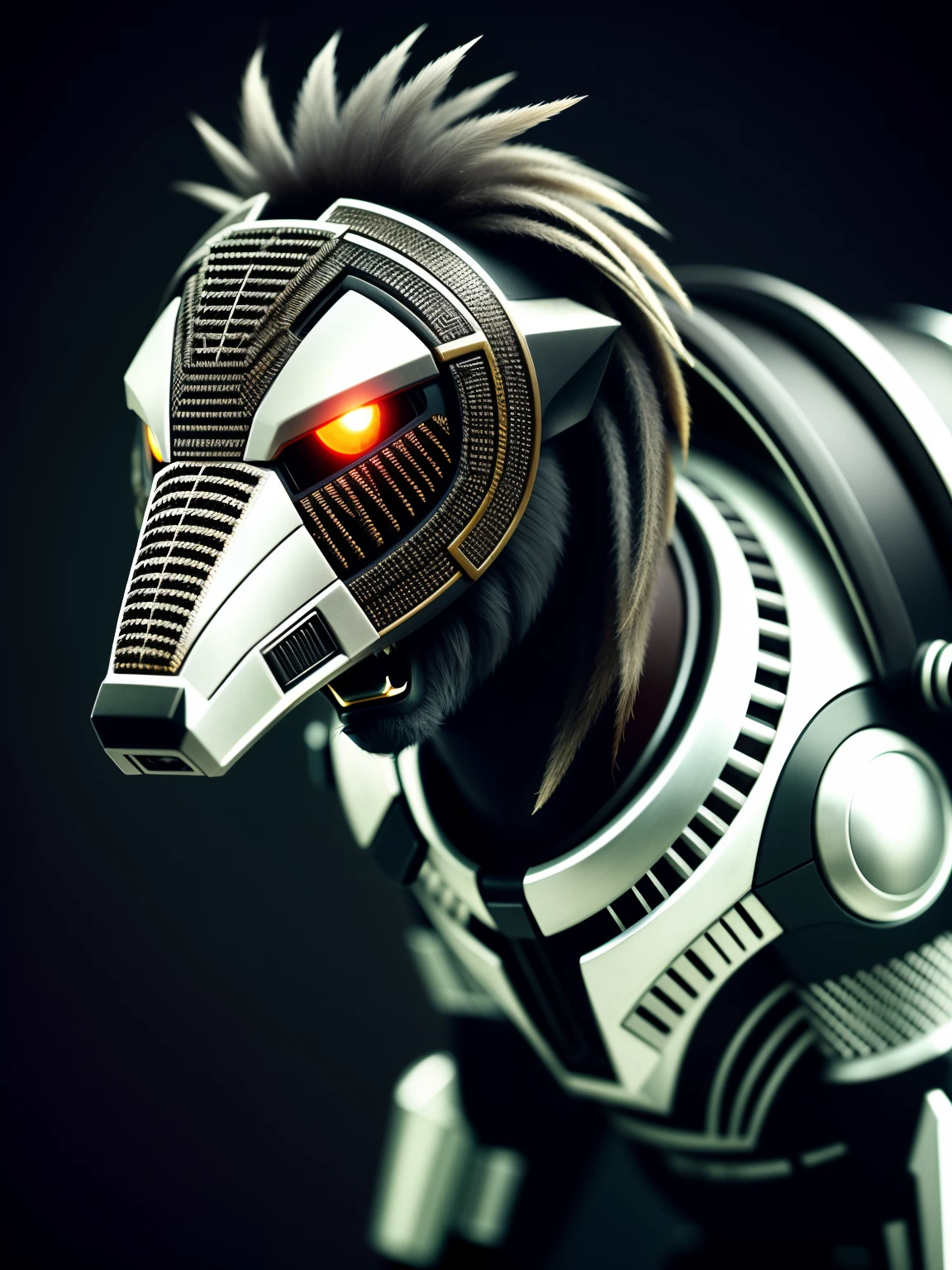an agressive hunting honey badger, made out of metal, (cyborg:1.1), (black skin), (white top hair),(intricate details), hdr, (intricate details, hyperdetailed:1.2), cinematic shot, vignette, centered
