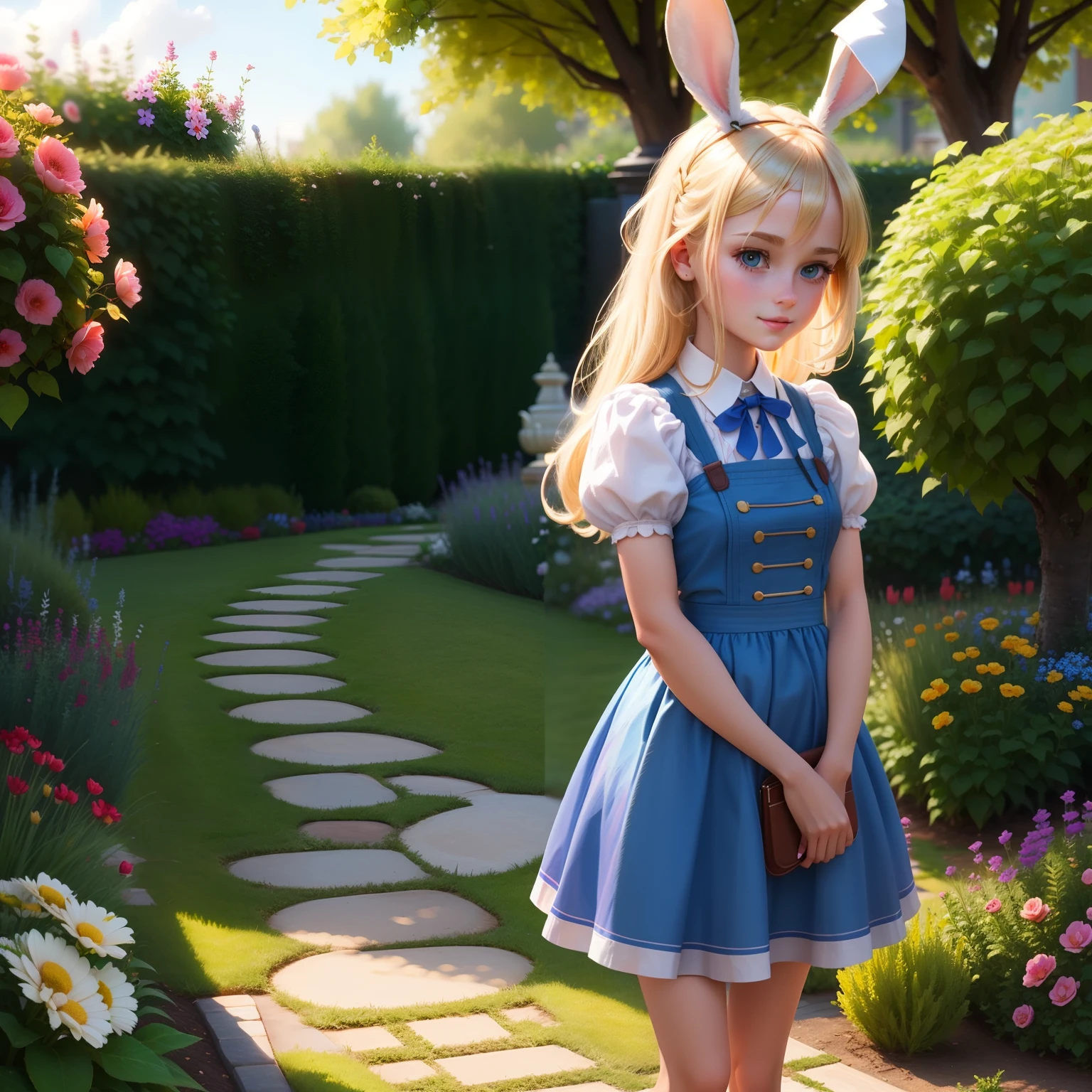 A cute blonde girl with rabbit hair is playing in an idyllic garden - Upscaled by @ropia (fast)