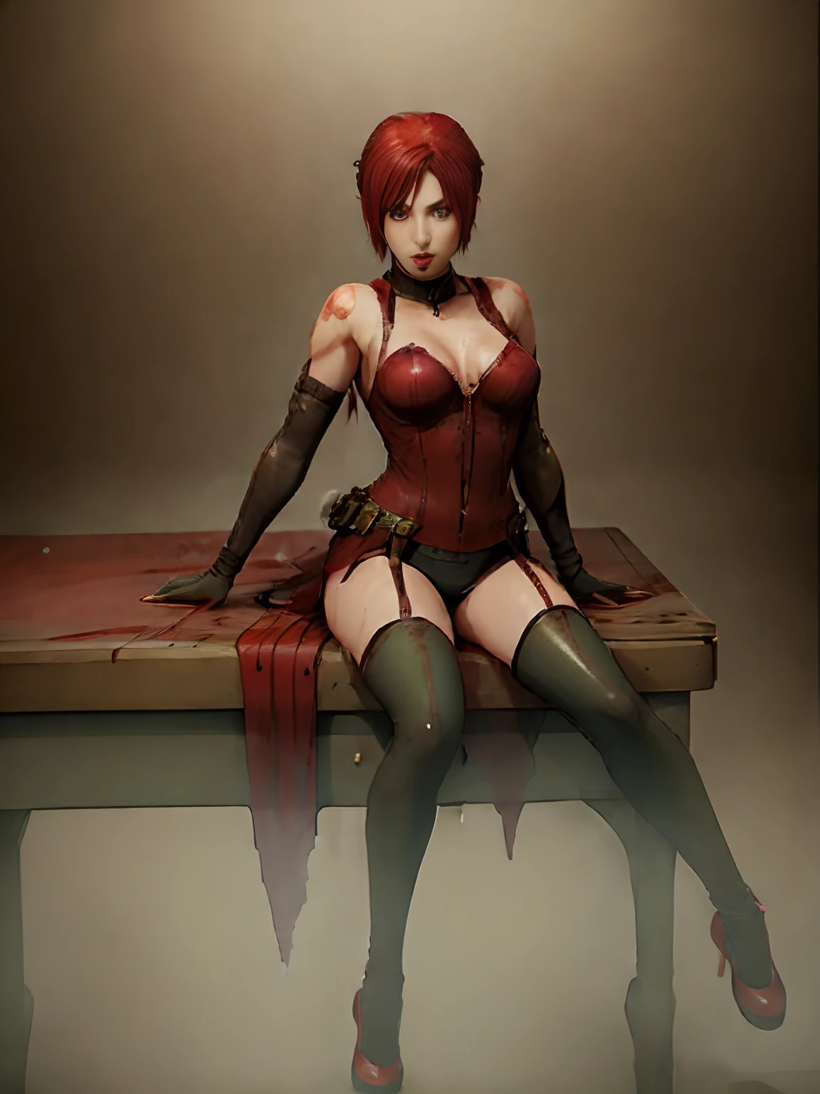 a portrait of adead sexy woman, dressed as bloodrayne, ((soaking wet of a blood)), redhead, freckles teacher is sitting, slate atmosphere, cinematic, dimmed colors, dark shot, muted colors, film grainy, lut, insane details, intricate details, hyperdetailed