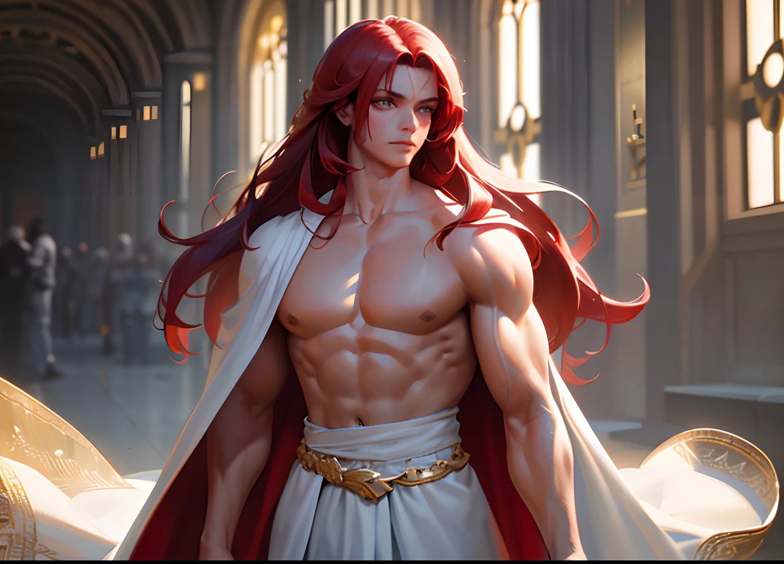 (unparalleled masterpiece, sidelighting, finely detailed beautiful eyes: 1.2),Eye for beautiful detail, A man,Muscle Man,Robes,ultra realistic 8k CG, perfect artwork, upper body ,standing , shiny hair, glowing eyes, lustrous skin, realistic, 3d face,A man,Red hair,Strong body