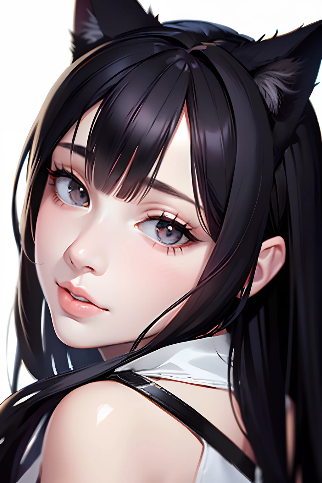 ((masterpiece, best_quality)), 1girl, (photorealistic:1.4),  solo, white_background, black_hair, long_hair, cat ear, skirt, ((full_body)),  