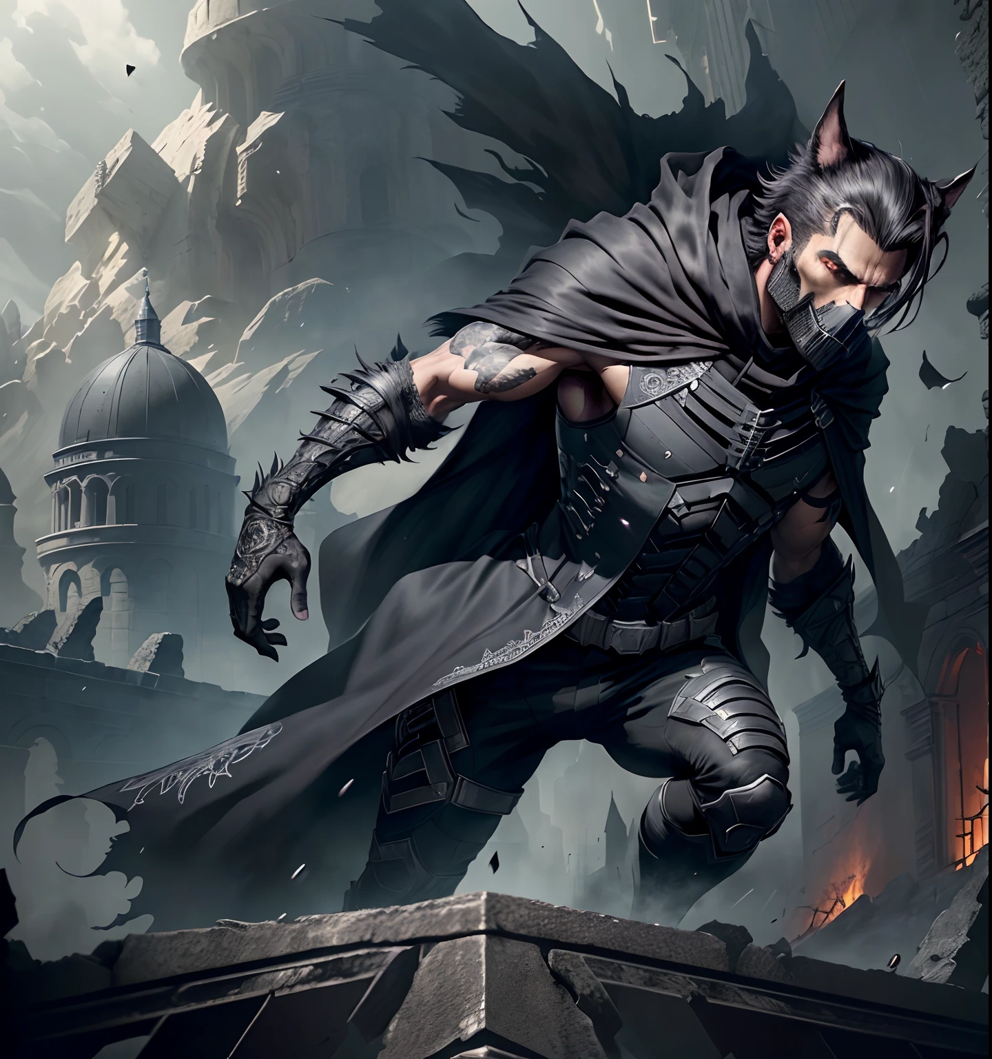 a werewolf and his wolf soldiers are howling in front of a castle. (extremely detailed CG unity 8k wallpaper), (masterpiece), (best quality:1.2), (highres), (illustration:1.1), (cinematic light:1.1), finely detailed, intricate details, (best illustration), 8k resolution, intricate details, best quality, realistic, ultra-detailed, best illumination, best shadow, ultra-HD, cryengine, ultra hd, (detailed reflection), detailed shadows, (((intricate details))), smooth, ((perfect shading)), high quality metal texture, metallic luster, highly detailed illustration, (semi realistic:1.6), (wide_shot:1.2), (from below, dutch_angle), dutch angle, ((cowboy shot)), (((1male:1.5))), (with sword), (((athletic male))), ((manly:1.5)), ((half-closed eyes)), (grey eyes), very detailed face, (((short slicked back hair:1.1))), ((black clothes)), ((high quality black tactical gear, black tactical vest)), clothes flapping with wind, (urban_tech-wear + black_gloves), (((hoodup))), (stalker \\(warframe\\), ((beautifully detailed metallic black skull mask)), ((intricate beautifully detailed jackal_skull_mask)), ((tactical vest + tactical gear)), (survival gear), black clothing, tall boots, (long black coat), (((wearing highly detailed torn black cloak))), perfect hands, archangel, demi-demon, complicated background, dynamic camera angle, blood rain behind, (warzone), (((high quality detailed ruins))), (depth of field), ((cinematic lighting)), ((horror)), ((dark fantasy)), lovecraftian, spot color, monotone, red, splashing blood, (best illumination), (hyper intricate details), ((ultra-detailed)), 4k unity, (extremely detailed CG:1.2), (8k:1.1), ((landscape view)), Artstation, ((by sui ishida, by Wenjun Lin, by stefan morrell)), dystopian art, apocalypse art, ((semi-realistic)), (realism), (dynamic), (nixeu_basic2:0.5),