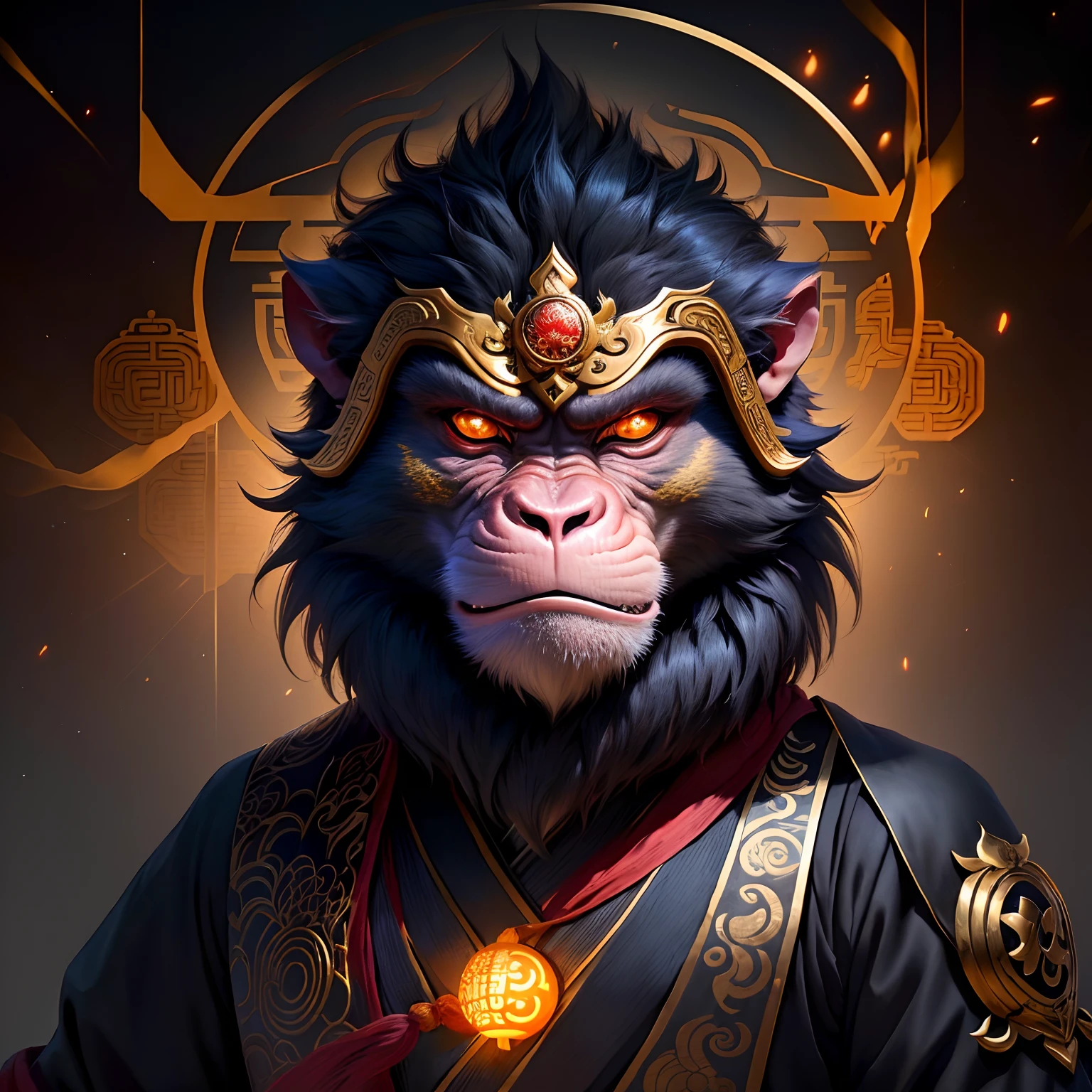 A monkey, magical, anthropomorphic, boy, angry expression, glowing eyes, Prajna mask, Hanfu, background ancient Chinese street, night. Genshin Impact Impact, best picture quality, high detail, high quality, ultra high resolution, oc rendering, 8K