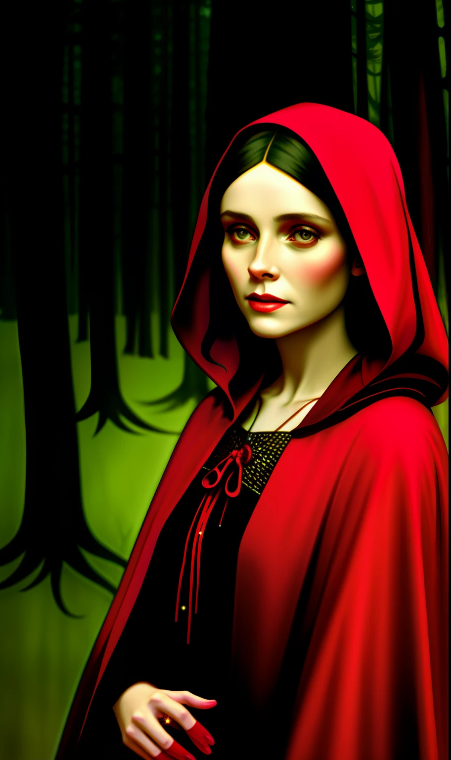 closeup portrait of a cute red riding hood in a dark spooky forest, big bad wolf in background, scary, (backlighting), realistic, masterpiece, highest quality, ((red hooded cape)), basket of food on ground,  ((scared)), lens flare, shade, bloom, ((light sparkles)), [chromatic aberration], by Jeremy Lipking, by Antonio J. Manzanedo, by (Alphonse Mucha), digital painting
