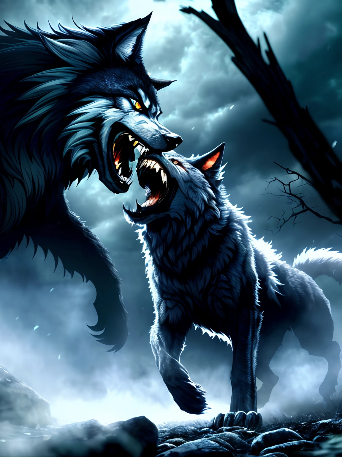 (Extremely detailed 8k wallpaper), a terrifying shot of a werewolf attacking a vampire, complex, highly detailed, and dramatic