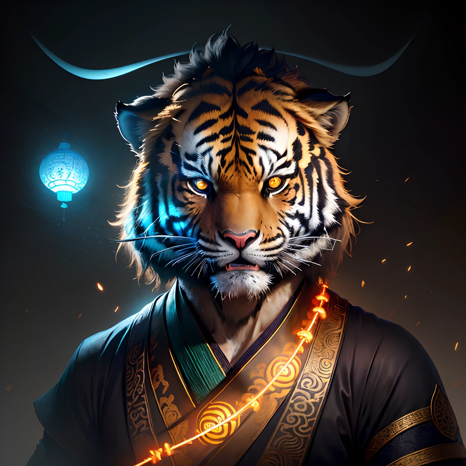 A tiger, magical, anthropomorphic, boy, angry expression, glowing eyes, Prajna mask, Hanfu, background ancient Chinese street, night. Genshin Impact Impact, best picture quality, high detail, high quality, ultra high resolution, oc rendering, 8K