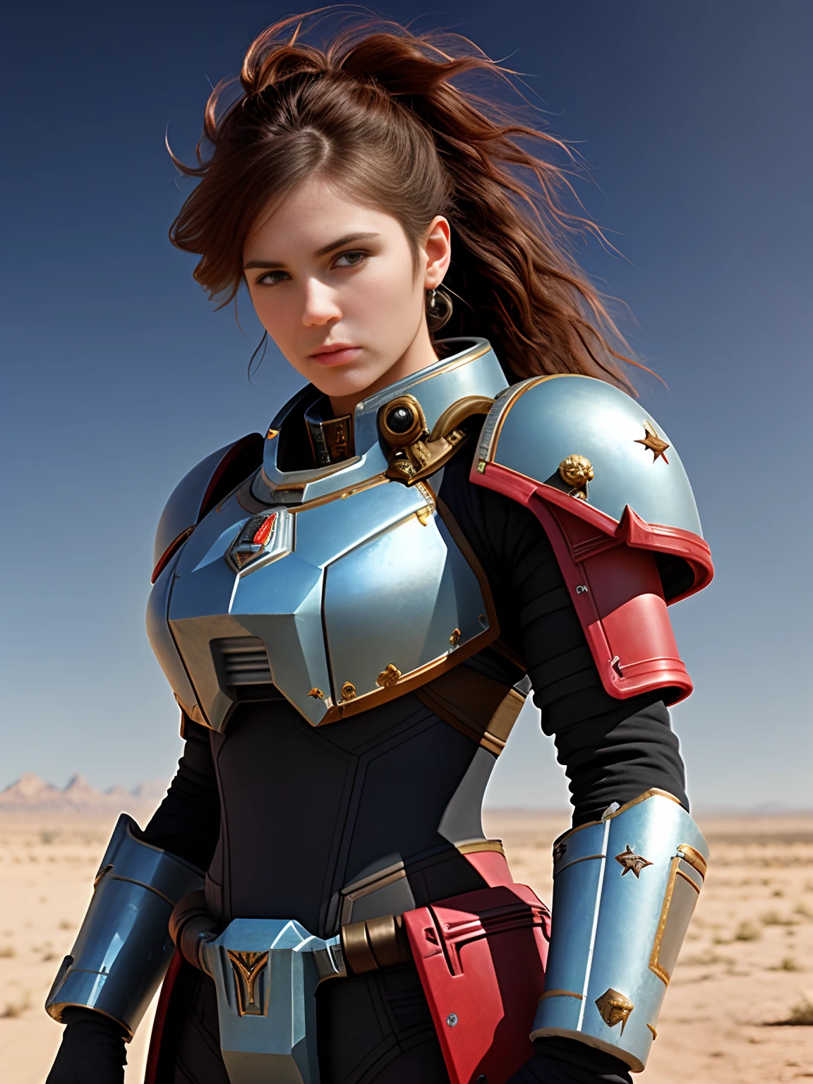 Portrait of a Space Marine woman, pronounced feminine feature, red and blue heavy armor, in the desert, detailed, cinematic composition, power armor, intricate details, eerie, highly detailed, 8k, art by artgerm and greg rutkowski and alphonse mucha, poor quality photo, blurry, reflective metal