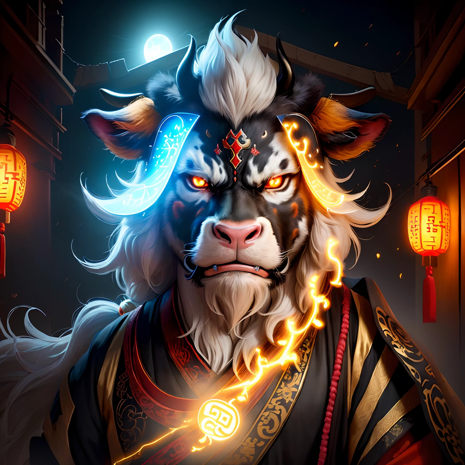 A cow, magical, anthropomorphic, boy, angry expression, glowing eyes, Prajna mask, Hanfu, background ancient Chinese street, night. Genshin Impact Impact, best picture quality, high detail, high quality, ultra high resolution, oc rendering, 8K