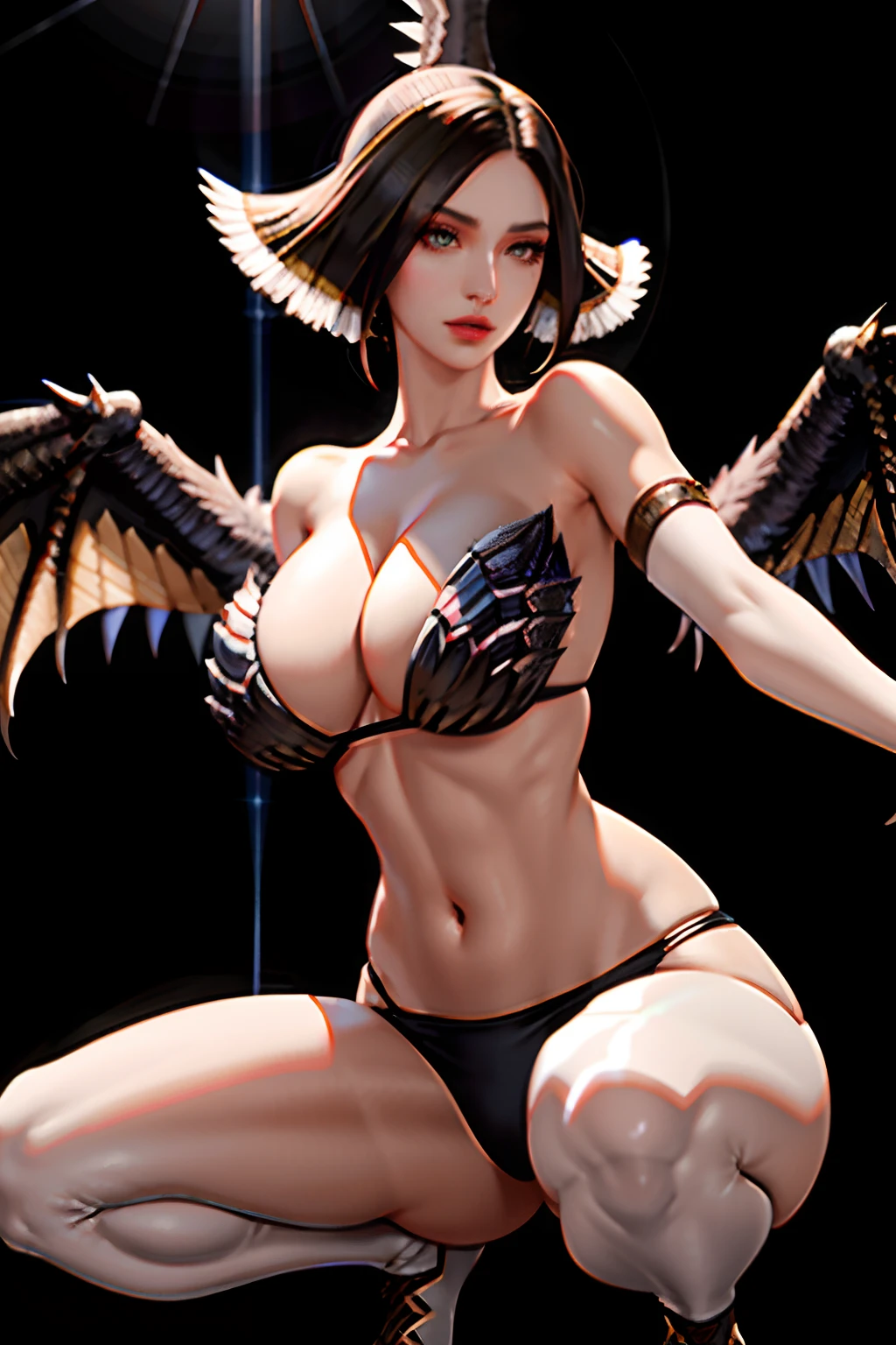 (nsfw:1.02),Bazelgeuse,M-leg,M-leg shape,Squat down,Monster Hunter,Monster Hunter World,masterpiece, best quality, high quality, High definition, High quality texture, High quality shadow, high detail, beautiful detailed, finely detailed, extremely detailed cg, detailed texture, a realistic representation of the face, realistic, colorful, delicate, Cinematic Light, sidelighting, Lens Flare, Ray tracing, sharp focus,8K, (1girl, __focus__:1.3), (intricate details, makeup, PureErosFace_V1:0.5), (detailed beautiful delicate face, detailed beautiful delicate eyes, a face of perfect proportion, high detailed skin, detailed skin, best ratio four finger and one thumb, arms under breast, medium large breasts, wide hips, smooth midriff, skiny and thin, __fashion__, __hair__:1.25), __location__,no hands,no more hands,no missing fingers,