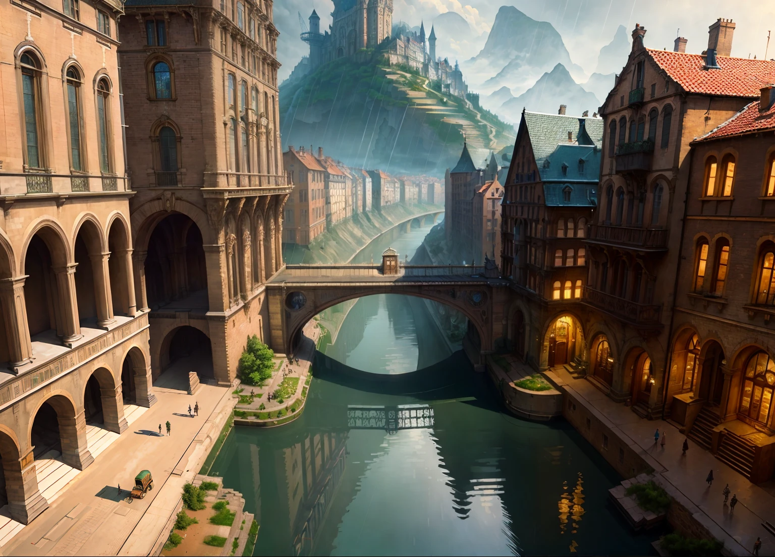 ((masterpiece)),((best quality)),((high detial)),((realistic,))
(Masterpiece), (Best Quality)
Cities in the industrial era, deep valleys in the middle, building streets, [[magic]], bridges, rainy days, steampunk, European architecture