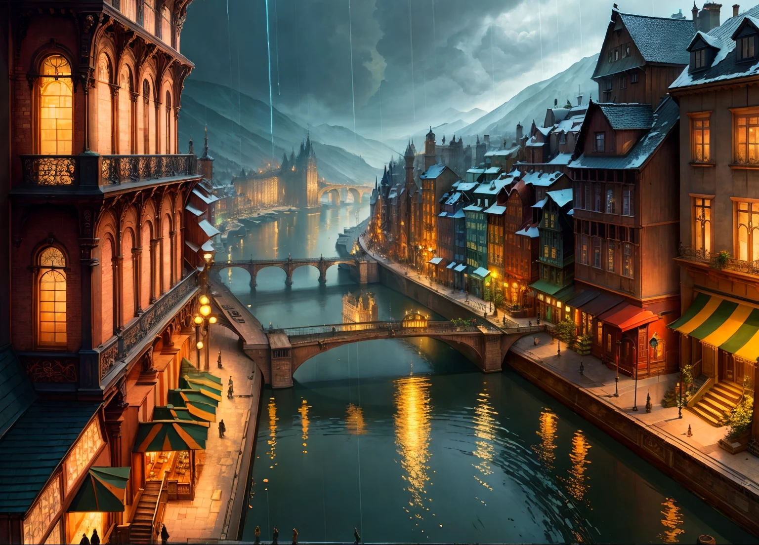 ((masterpiece)),((best quality)),((high detial)),((realistic,))
(Masterpiece), (Best Quality)
Cities in the industrial era, deep valleys in the middle, building streets, [[magic]], bridges, rainy days, steampunk, European architecture