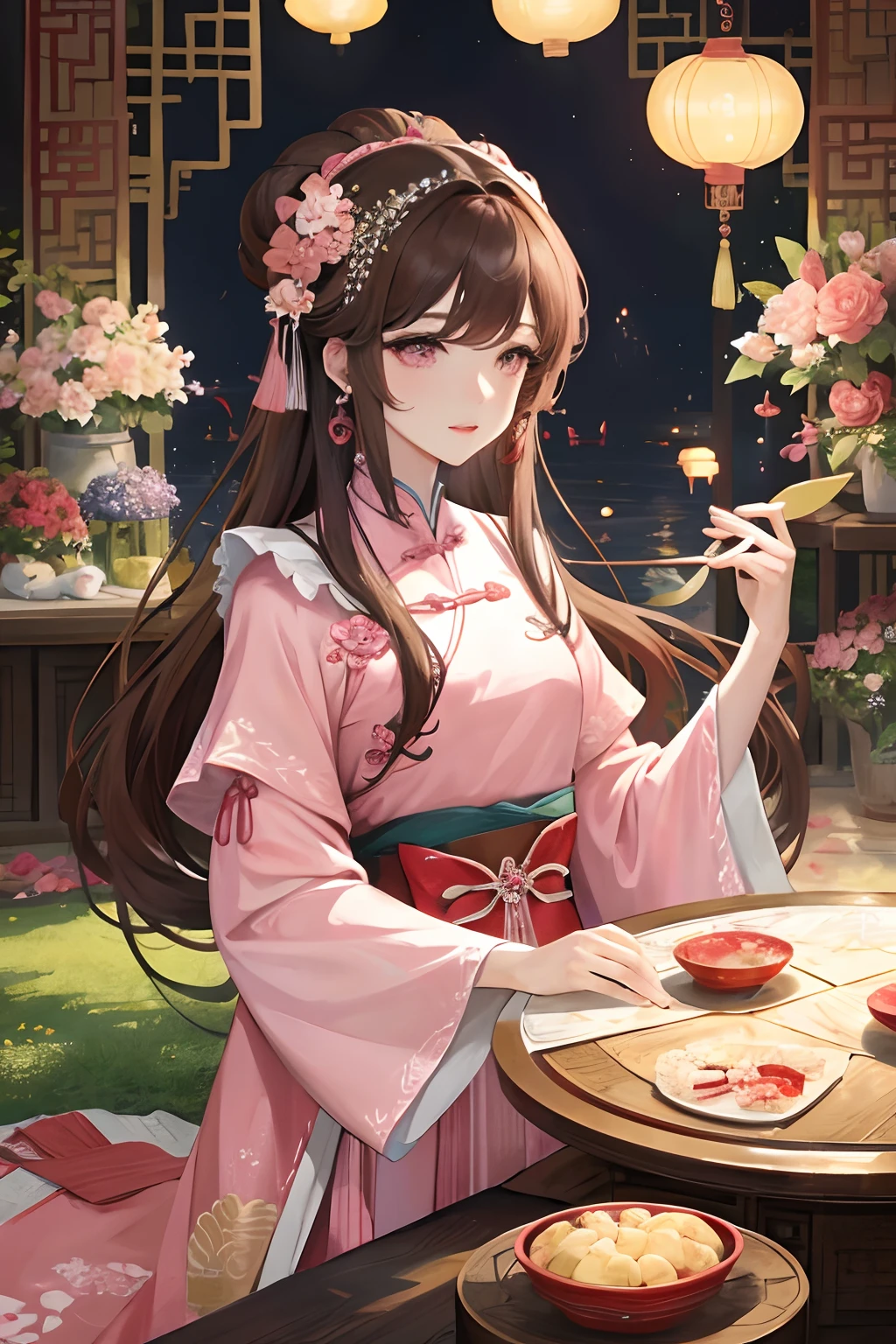 Masterpiece, Best Quality, Water Edge, Banquet, 1 Woman, Mature Woman, Elegant, Chinese Style, Ancient China, Sister, Royal Sister, Happy, Light Brown Hair, Pink Eyes, Princess Hairstyle, Ball Head, Two Sides Ball Head, Gorgeous Headwear, Light Pink Lips, Pink Clothes, Yarn Shaped Clothes, Intellectual, Full bangs, Flat bangs, Hairpins, Flower Ball, Guzheng,