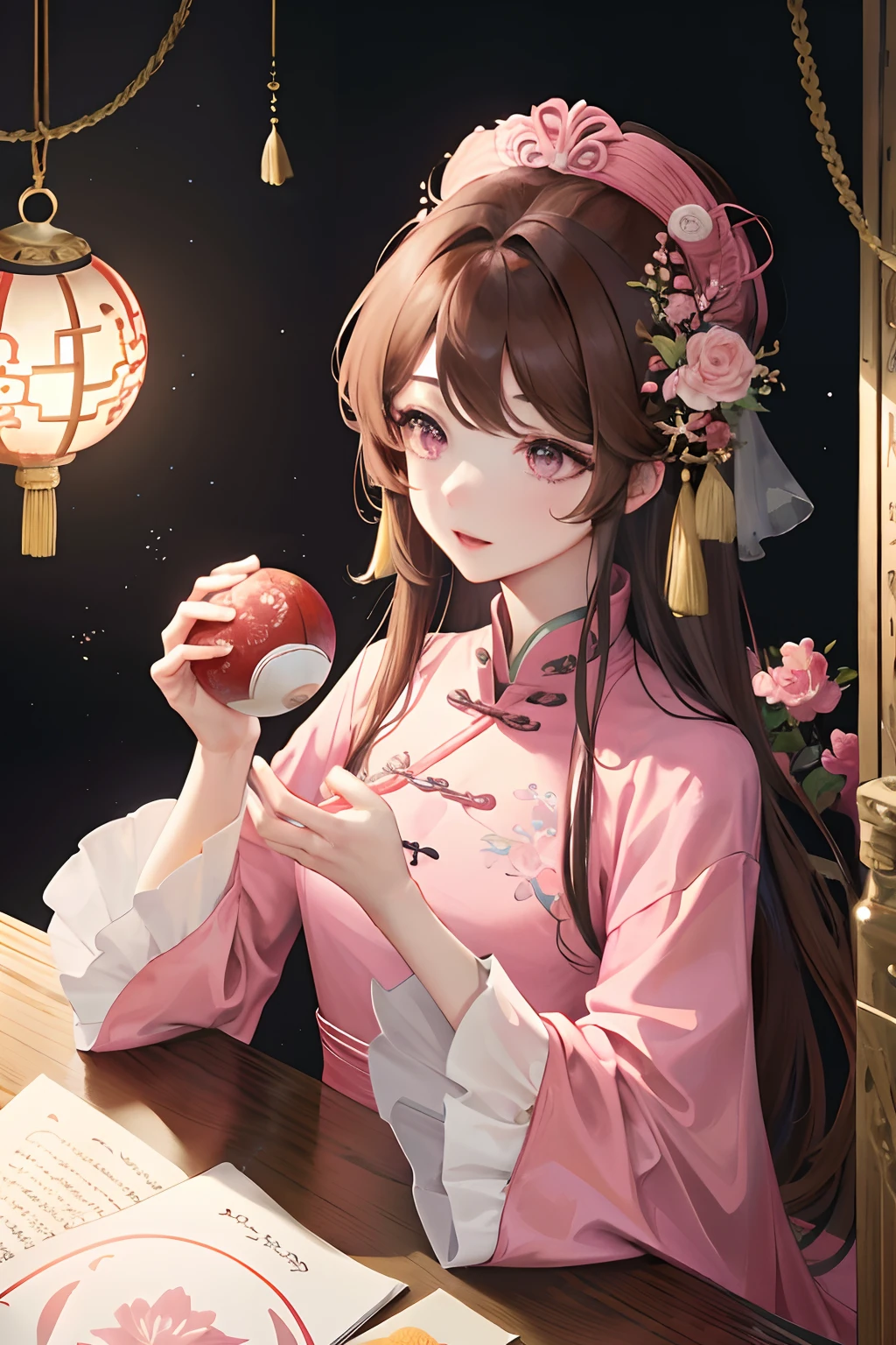 Masterpiece, Best Quality, Water Edge, Banquet, 1 Woman, Mature Woman, Elegant, Chinese Style, Ancient China, Sister, Royal Sister, Happy, Light Brown Hair, Pink Eyes, Princess Hairstyle, Ball Head, Two Sides Ball Head, Gorgeous Headwear, Light Pink Lips, Pink Clothes, Yarn Shaped Clothes, Intellectual, Full bangs, Flat bangs, Hairpins, Flower Ball, Guzheng,