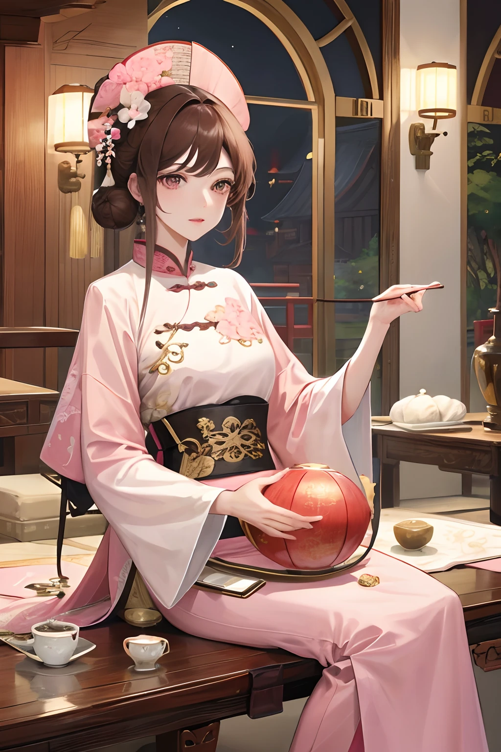 Masterpiece, Best Quality, Waterfront, Banquet, 1 Woman, Mature Woman, Elegant, Chinese Style, Ancient China, Sister, Royal Sister, Happy, Light Brown Hair, Pink Eyes, Ball Head, Both Sides Ball Head, Gorgeous Headwear, Light Pink Lips, Pink Clothing, Yarn like Clothes, Intellectual, Full bangs, Flat bangs, Hairpins, Flower Ball, Guzheng,