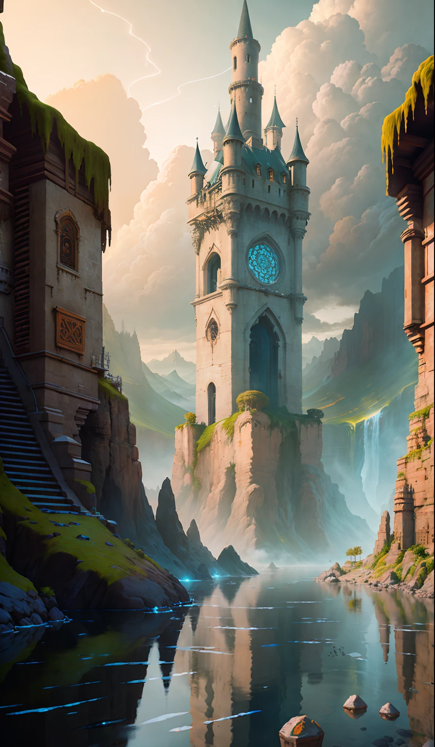 ((masterpiece)),((best quality)),((high detial)),((realistic,))
Industrial age city, deep canyons in the middle, architectural streets, bazaars, Bridges, rainy days, steampunk, European architecture,{{{Pixar style,4k, 8k, unreal engine,}}},A grand scene, a time and space tunnel, a gray giant door carved with various mysterious symbols and inscriptions. Through the door, one can see a vast magical world.
Strange creatures, magical terrain, and mysterious atmosphere. Thick fog, a mysterious castle towering into the clouds, surrounded by magical power. Dancing elf.
The water source seems to have life, and the water flow is controlled and shaped into various strange forms. In the distant sky, mysterious and colorful colors, beautiful oil paintings,
Mysterious runes, strange creatures, magical auras,