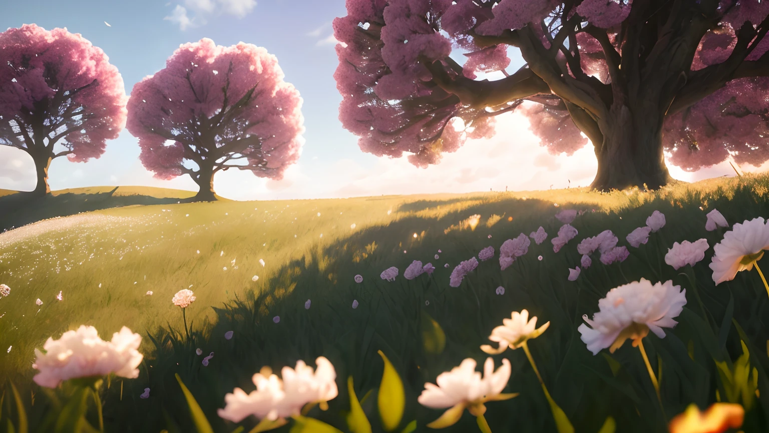 A grassy field with a pile of carnation on . big carnation,The scene is set during the day. The shot is a close-up, Look up,resulting in low-contrast colors,octane render, close-up,8k,trending on artstation,detailed background and color art by botw