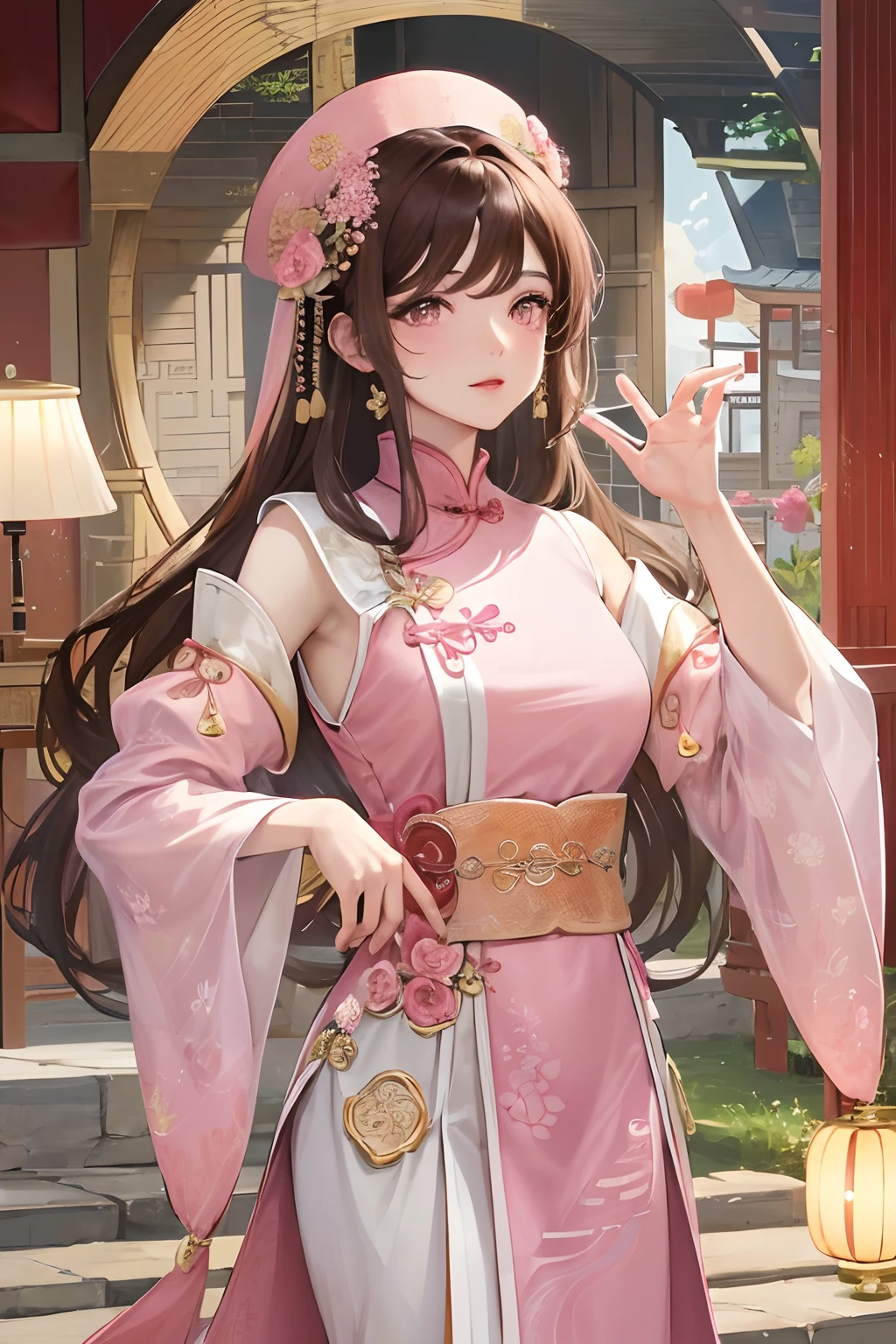 Masterpiece, Best Quality, Water Edge, Banquet, 1 Woman, Mature Woman, Elegant, Chinese Style, Ancient China, Sister, Royal Sister, Happy, Double Ball Hair, Light Brown Hair, Pink Eyes, Gorgeous Headwear, Light Pink Lips, Pink Clothes, Yarn Shaped Clothes, Intellectual, Full bangs, Flat bangs, Flower Ball, Fine Face,