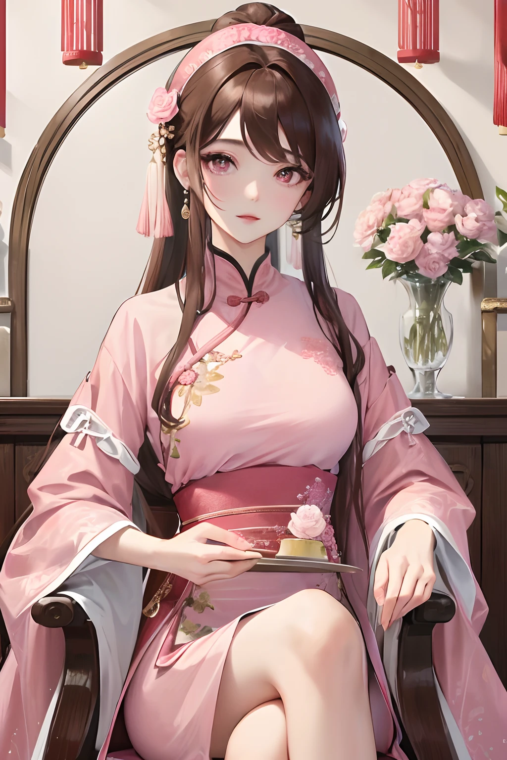 Masterpiece, Best Quality, Waterfront, Banquet, 1 Woman, Mature Woman, Elegant, Chinese Style, Ancient China, Sister, Royal Sister, Happy, Meatball Head, Light Brown Hair, Pink Eyes, Gorgeous Headwear, Light Pink Lips, Pink Clothes, Yarn like Clothing, Intellectual, Full bangs, Flat bangs, Flower Ball, Face Delicate,