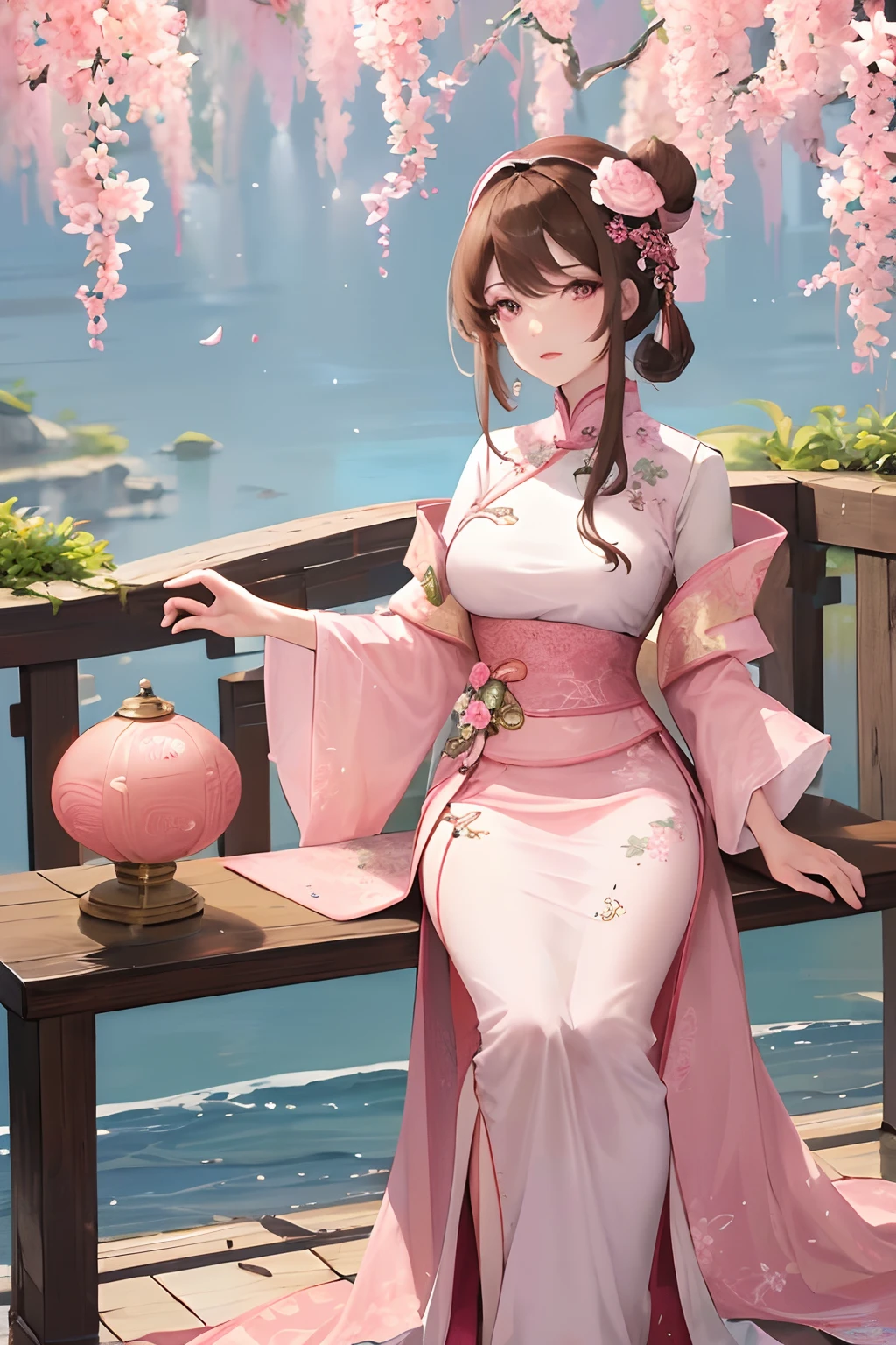 Masterpiece, Best Quality, Waterfront, Banquet, 1 Woman, Mature Woman, Elegant, Chinese Style, Ancient China, Sister, Royal Sister, Happy, Meatball Head, Light Brown Hair, Pink Eyes, Gorgeous Headwear, Light Pink Lips, Pink Clothes, Yarn like Clothing, Intellectual, Full bangs, Flat bangs, Flower Ball, Face Delicate,
