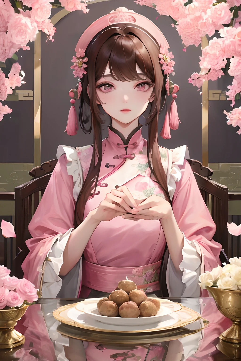 Masterpiece, Best Quality, Waterfront, Banquet, 1 Woman, Mature Woman, Elegant, Chinese Style, Ancient China, Sister, Royal Sister, Happy, Meatball Head, Light Brown Hair, Pink Eyes, Gorgeous Headwear, Light Pink Lips, Pink Clothes, Yarn like Clothing, Intellectual, Full bangs, Flat bangs, Flower Ball, Face Delicate,Updo