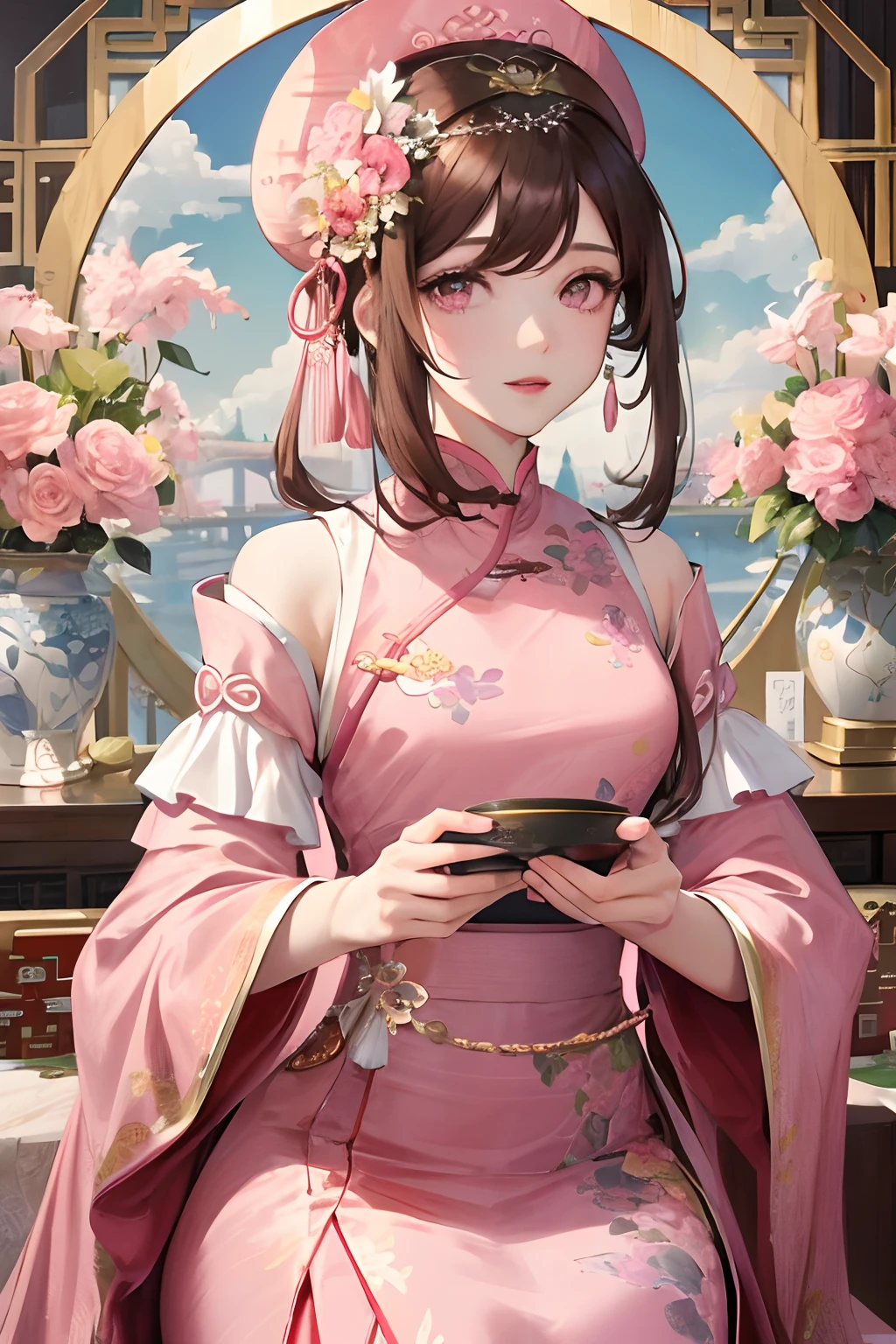 Masterpiece, Best Quality, Waterfront, Banquet, 1 Woman, Mature Woman, Elegant, Chinese Style, Ancient China, Sister, Royal Sister, Happy, Meatball Head, Light Brown Hair, Pink Eyes, Gorgeous Headwear, Light Pink Lips, Pink Clothes, Yarn like Clothing, Intellectual, Full bangs, Flat bangs, Flower Ball, Face Delicate,Updo