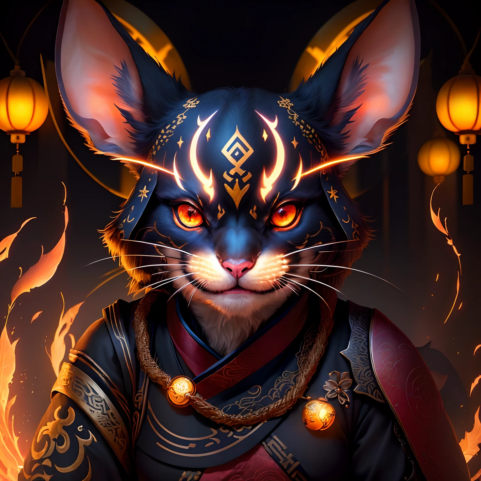 A mouse, magical, anthropomorphic,girl, angry expression, glowing eyes, Prajna mask, Hanfu, background ancient Chinese street, night. Genshin Impact Impact, best picture quality, high detail, high quality, ultra high resolution, oc rendering, 8K