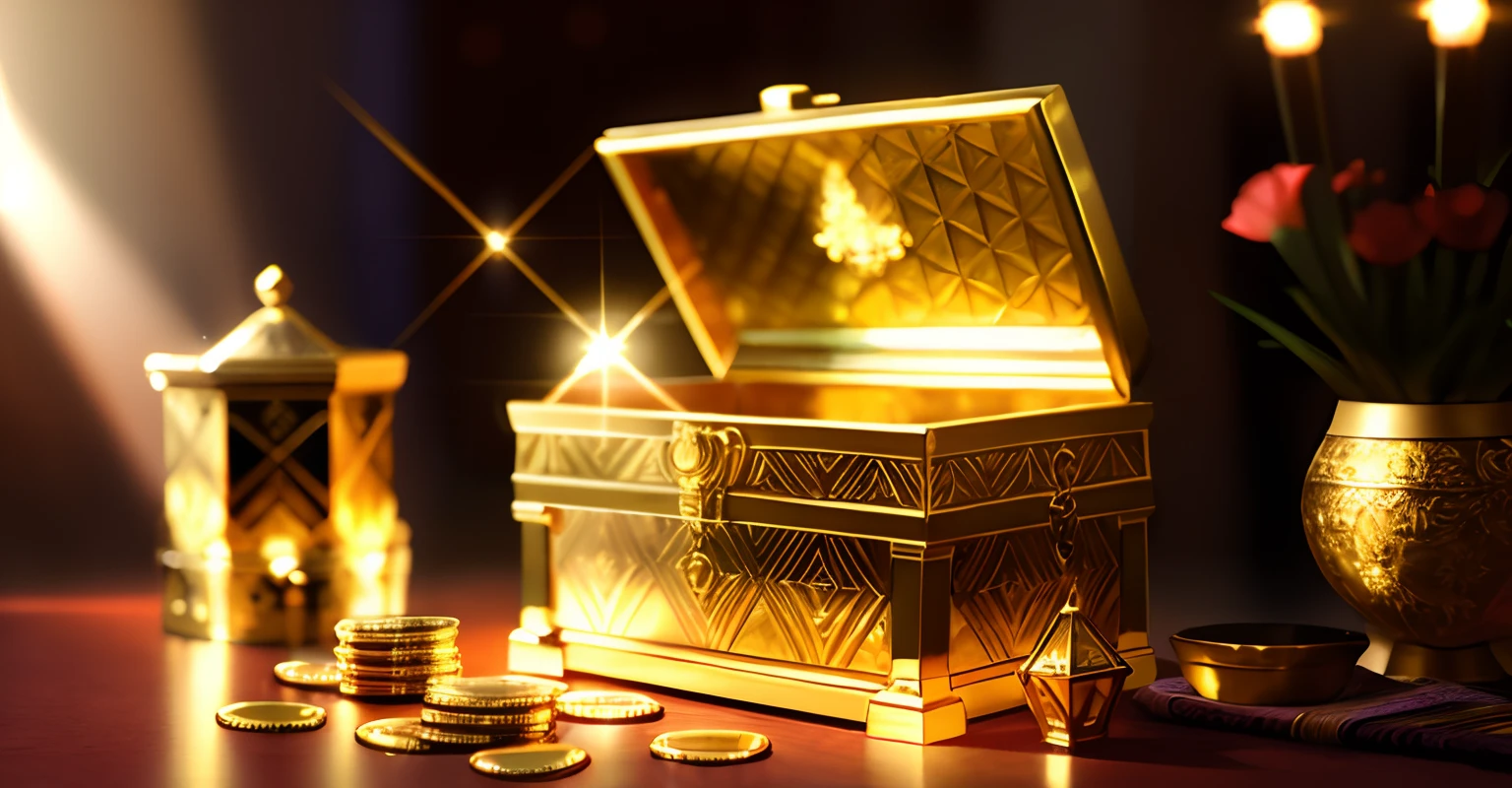 a treasure chest is featured in this banner. The chest is made of gold and adorned with intricate details that glow and sparkle in the mystical neon lighting,The chest is shown in the process of opening, revealing piles of glittering jewels and gold coins inside,The background features a fantastical game world with magical purple and blue hues, and is rendered using 3D modeling to add depth and richness to the overall composition. elegant,fantasy, global illumination, backlighting,bloom, ((cold light)), sharp focus, photo realistic, background out of focus, cinematic composition , ultra-detailed, realistic , hyper-realistic , volumetric lighting, 8k, trending on artstation