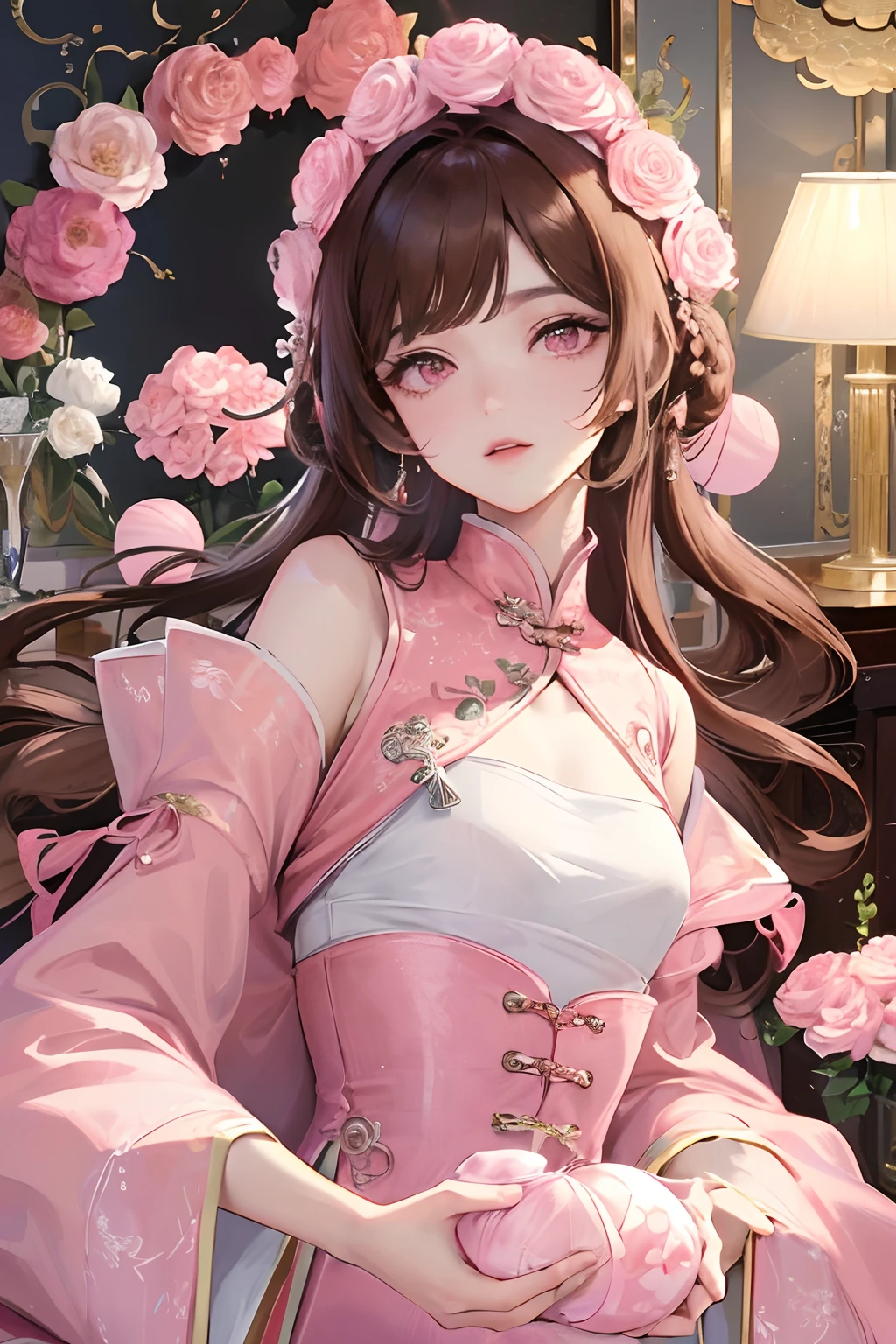 Masterpiece, Best Quality, Water Edge, Banquet, 1 Woman, Mature Woman, Elegant, Chinese Style, Sister, Royal Sister, Happy, Meatball Head, Light Brown Hair, Pink Eyes, Gorgeous Headwear, Light Pink Lips, Pink Clothes, Yarn Shaped Clothes, Intellectual, Straight bangs, Flat bangs, Flower Ball, Fine Face,