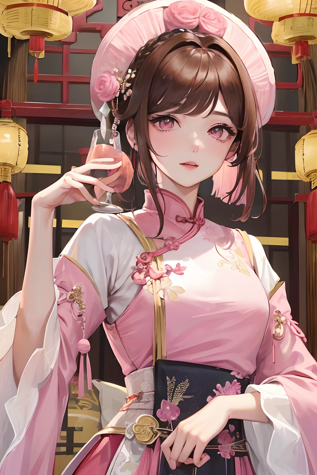 Masterpiece, Best Quality, Waterfront, Banquet, 1 Woman, Mature Woman, Elegant, Chinese Style, Ancient China, Sister, Royal Sister, Happy, Meatball Head, Light Brown Hair, Pink Eyes, Gorgeous Headwear, Light Pink Lips, Pink Clothes, Yarn like Clothing, Intellectual, Full bangs, Flat bangs, Flower Ball, Face Delicate,Updo