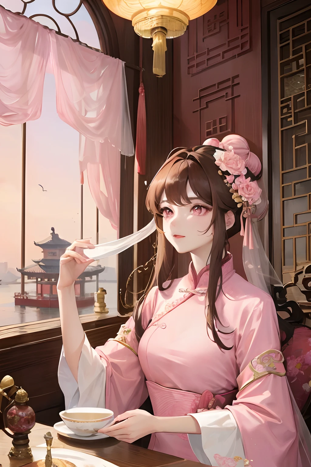 Masterpiece, Best Quality, Waterfront, Banquet, 1 Woman, Mature Woman, Elegant, Chinese Style, Ancient China, Sister, Royal Sister, Happy, Meatball Head, Light Brown Hair, Pink Eyes, Gorgeous Headwear, Light Pink Lips, Pink Clothes, Yarn like Clothing, Intellectual, Full bangs, Flat bangs, Flower Ball, Face Delicate,Updo