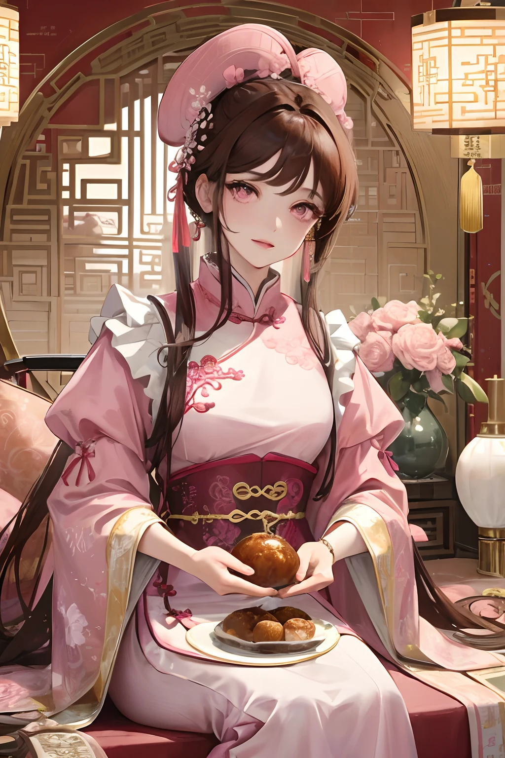 Masterpiece, Best Quality, Waterfront, Banquet, 1 Woman, Mature Woman, Elegant, Chinese Style, Ancient China, Sister, Royal Sister, Happy, Meatball Head, Light Brown Hair, Pink Eyes, Gorgeous Headwear, Light Pink Lips, Pink Clothes, Yarn like Clothing, Intellectual, Full bangs, Flat bangs, Flower Ball, Face Delicate,Updo