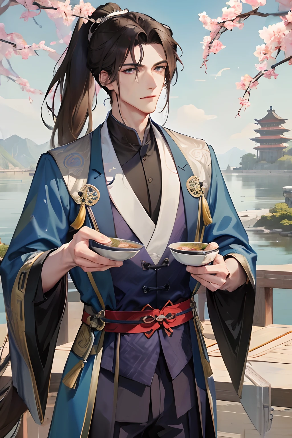 Masterpiece, Best Quality, Waterfront, Banquet, Day, 1 Man, Mature Man, Chinese Style, Ancient China, Chinese Palace, Green Brown Hair, Grey Blue Eyes, Split Hair, Long Hair, Long bangs, High ponytail, Handsome, Masculine, Gentle, Tall, Quiet, Dark Clothes, Light Purple Clothes, Dark Blue Clothes, Kirin Pattern, Branches