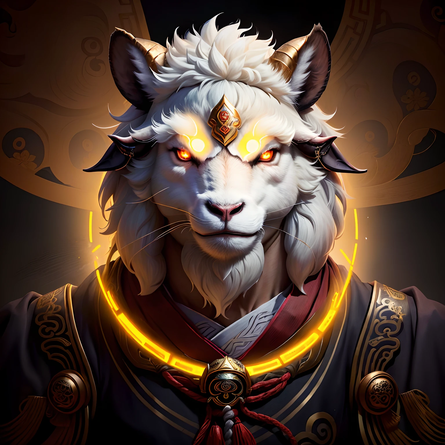 A sheep, magical, anthropomorphic, boy, angry expression, glowing eyes, Prajna mask, Hanfu, background ancient Chinese street, night. Genshin Impact Impact, best picture quality, high detail, high quality, ultra high resolution, oc rendering, 8K