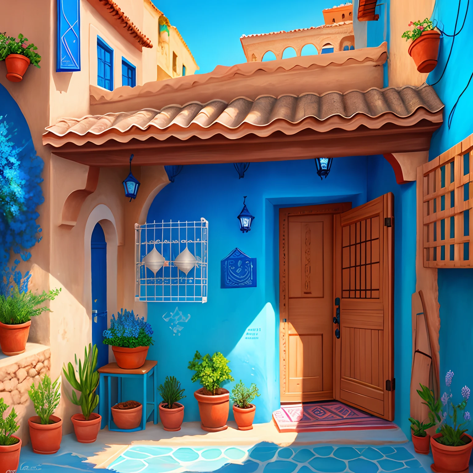 koromobi Chefchaouen, blue walls, sea water, summer，((best quality)), ((masterpiece)), ((realistic)), (detailed)