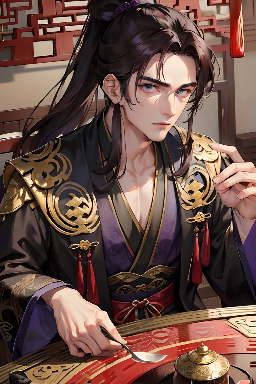 Masterpiece, Best Quality, Banquet, Day, 1 Man, Mature Man, Chinese Style, Ancient China, Dark Clothes, Purple Clothes, Dark Brown Hair, Blue Eyes, Split Hair, Long Hair, Long bangs, High ponytail, handsome, masculine, gentle, Kirin pattern, branches