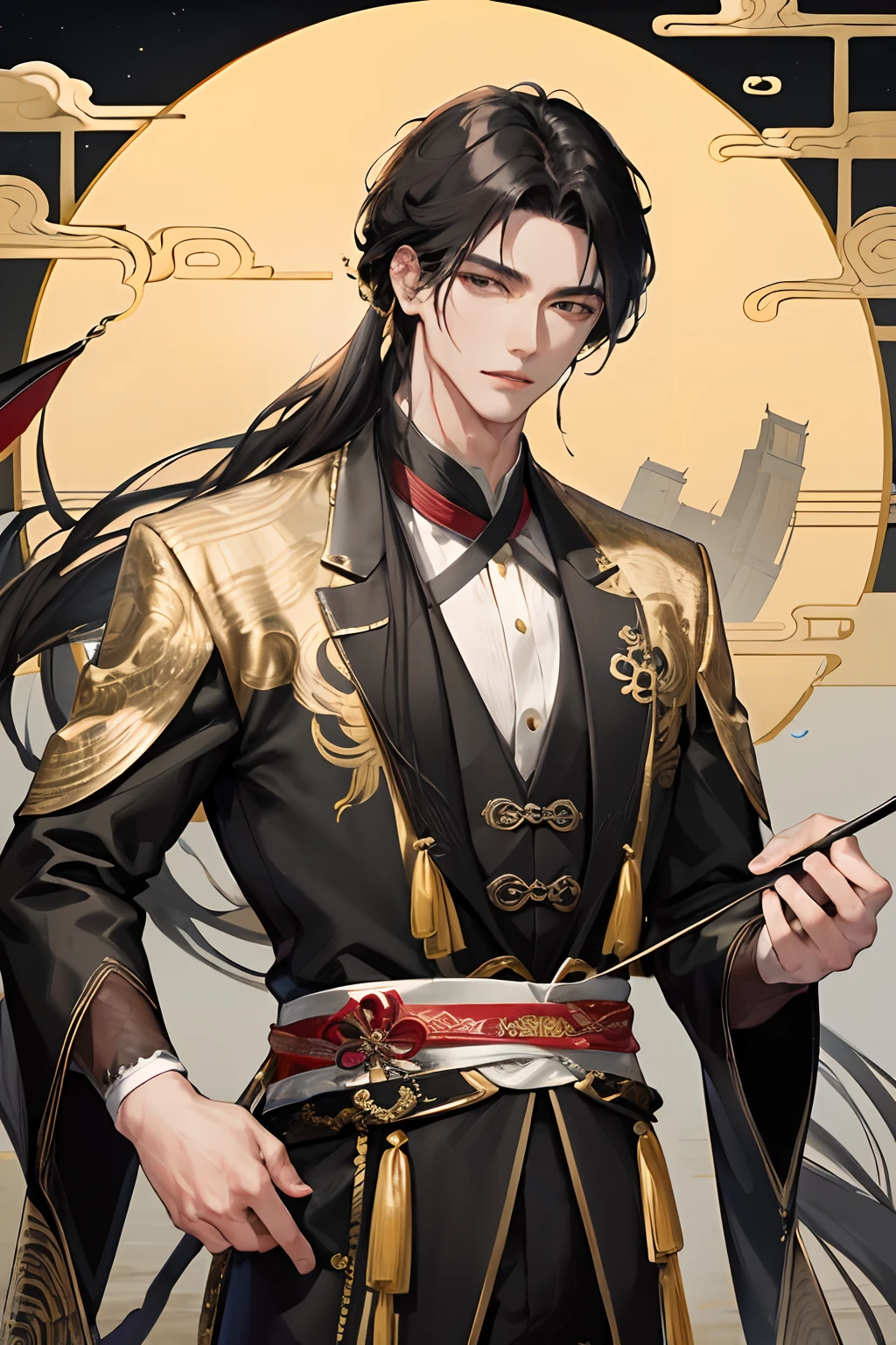 Masterpiece, best quality, outdoor, night, full moon, lakeside, branches, 1 man, mature man, Chinese style, ancient China, black hair, black eyes, forked hair, long hair, long bangs, handsome, handsome, masculine, gentle, tall, calm, black and gold mixed clothing, gold pattern, dragon pattern, prince,