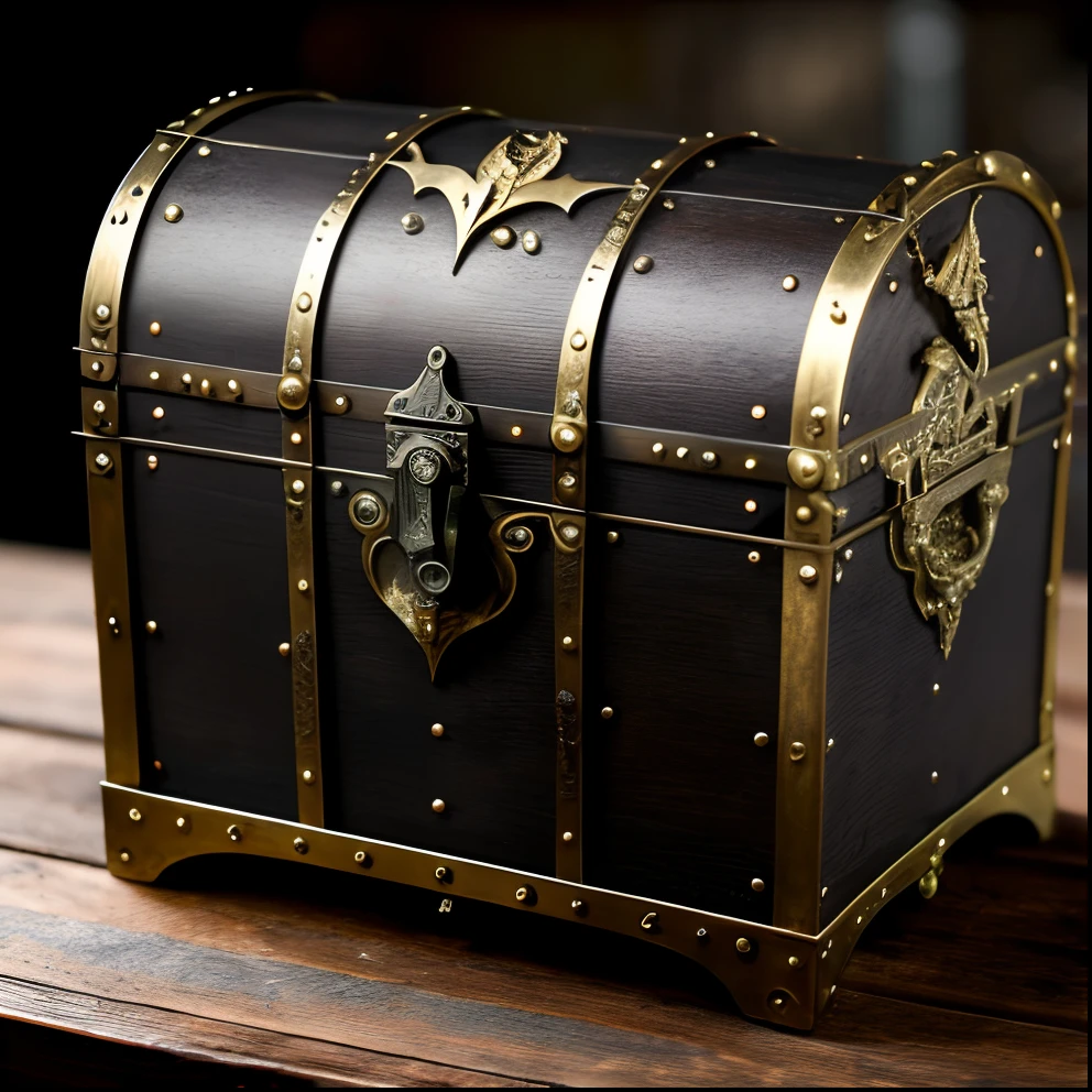 Realism and metal trim treasure chest opened on a table,The chest is adorned with a bat pattern,motley,full,ultra-detailed, realistic, hyper-realistic,volumetric lighting,atmospheric lighting,background out of focus