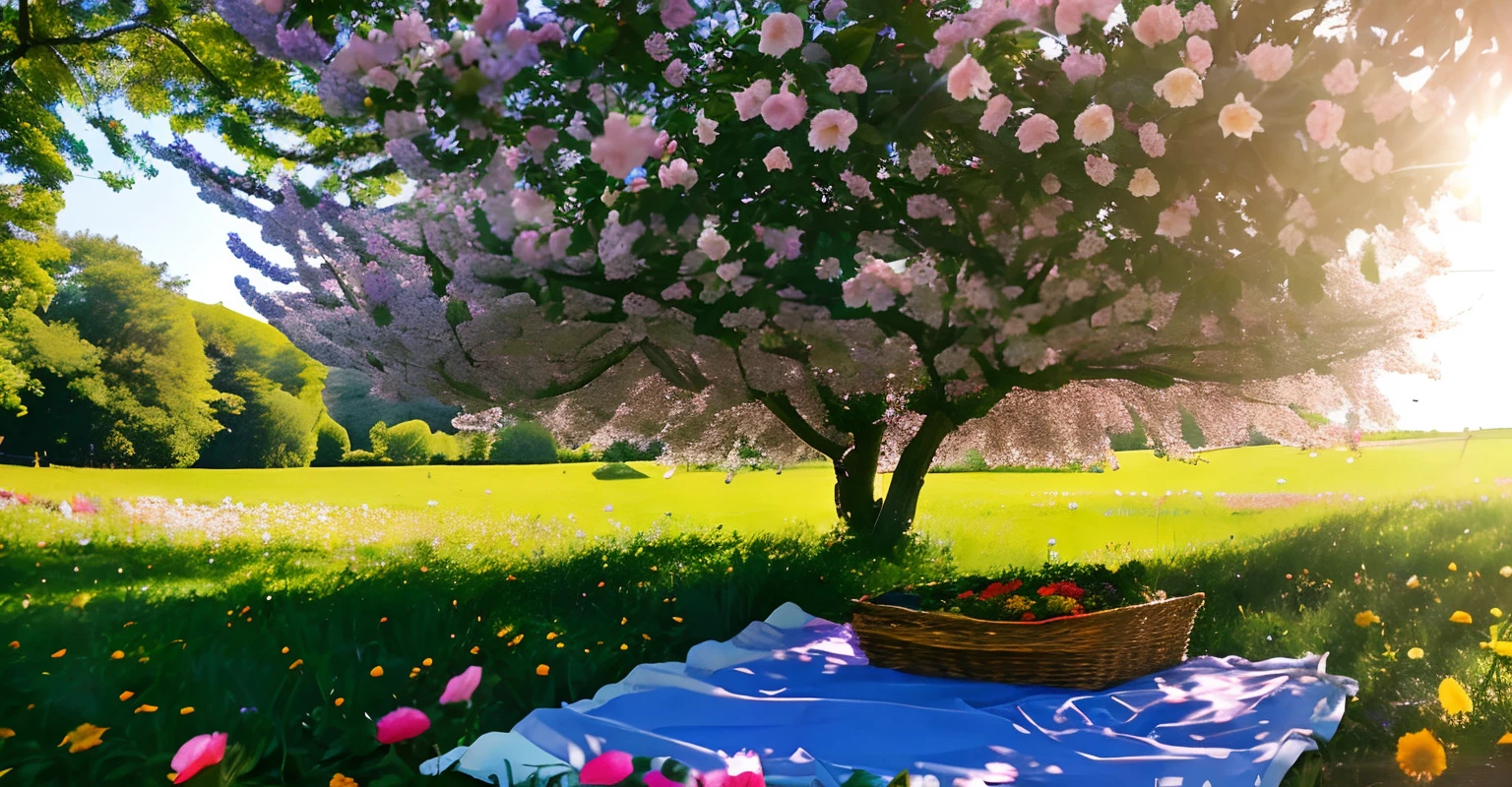 Under the tree，Flowers,  There is a cloth on the ground，There is food on the cloth，Sunlight