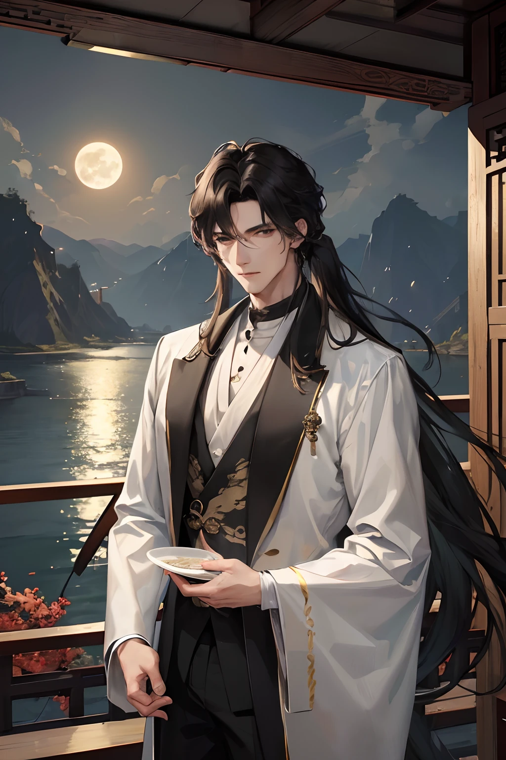 Masterpiece, best quality, outdoor, night, full moon, lakeside, branches, 1 man, mature man, Chinese style, ancient China, black hair, black eyes, forked hair, long hair, long bangs, handsome, handsome, masculine, gentle, tall, calm, black and gold mixed clothing, dragon pattern, prince,
