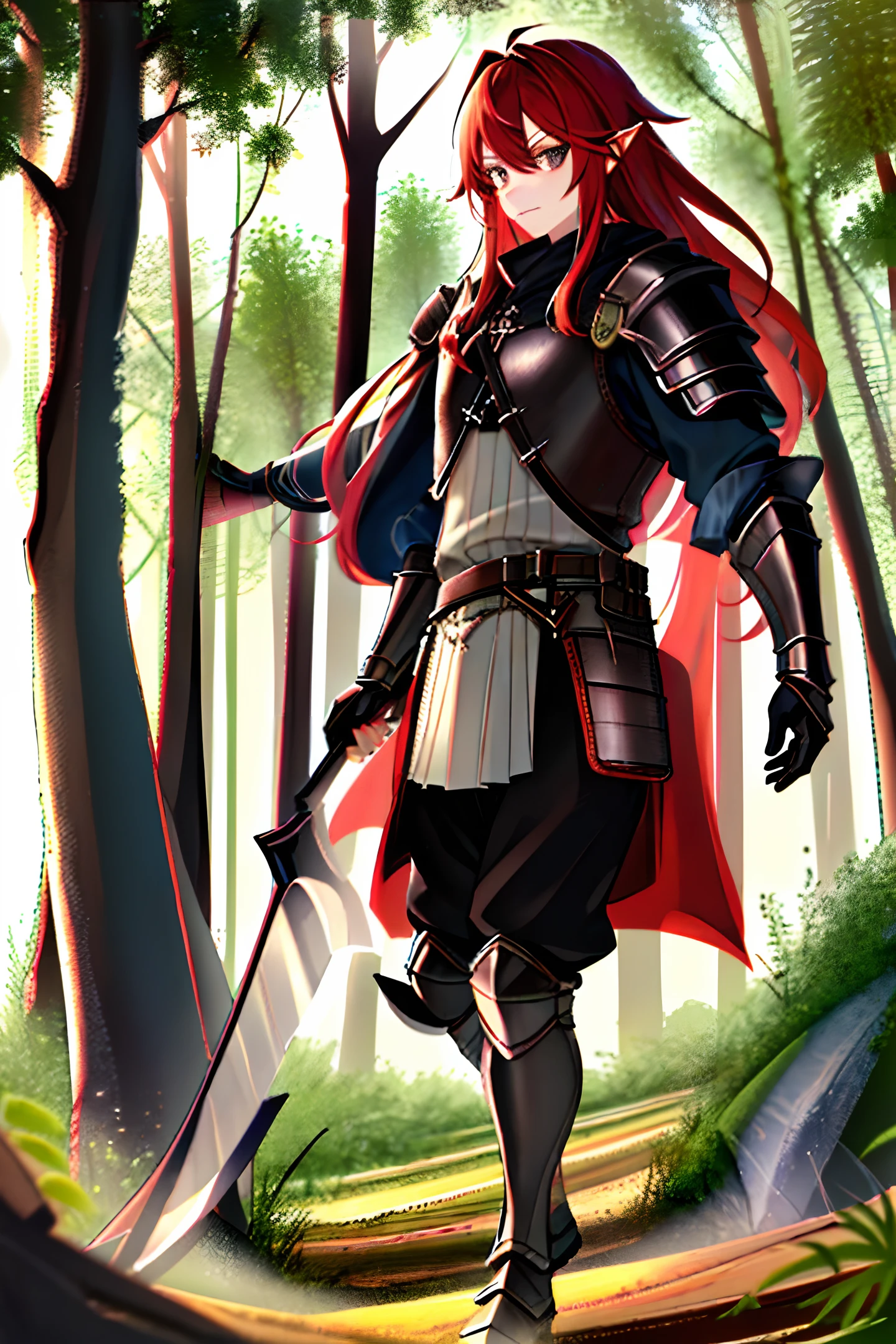 ((Masterpiece, Best Quality)), 1 male, black armor, black eyes, black giant axe, red hair, forest, dusk, path, frontal look, armor, outdoor, scar, standing, evening, tree, dnd, hilly dwarf