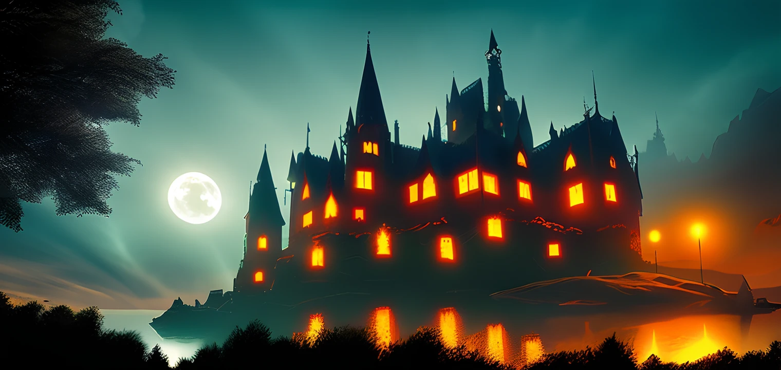 gothic castle, dark, Night, Moon, long view, unreal, 4K, digital painting, High definition,Halloween,All Saints Day