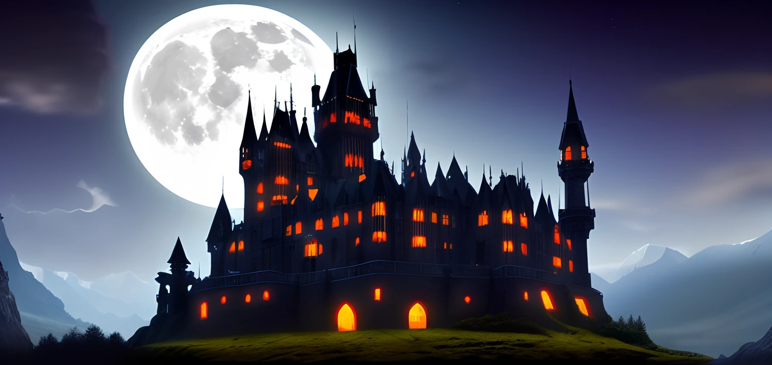 gothic castle, dark, Night, Moon, long view, unreal, 4K, digital painting, High definition,Halloween,All Saints Day